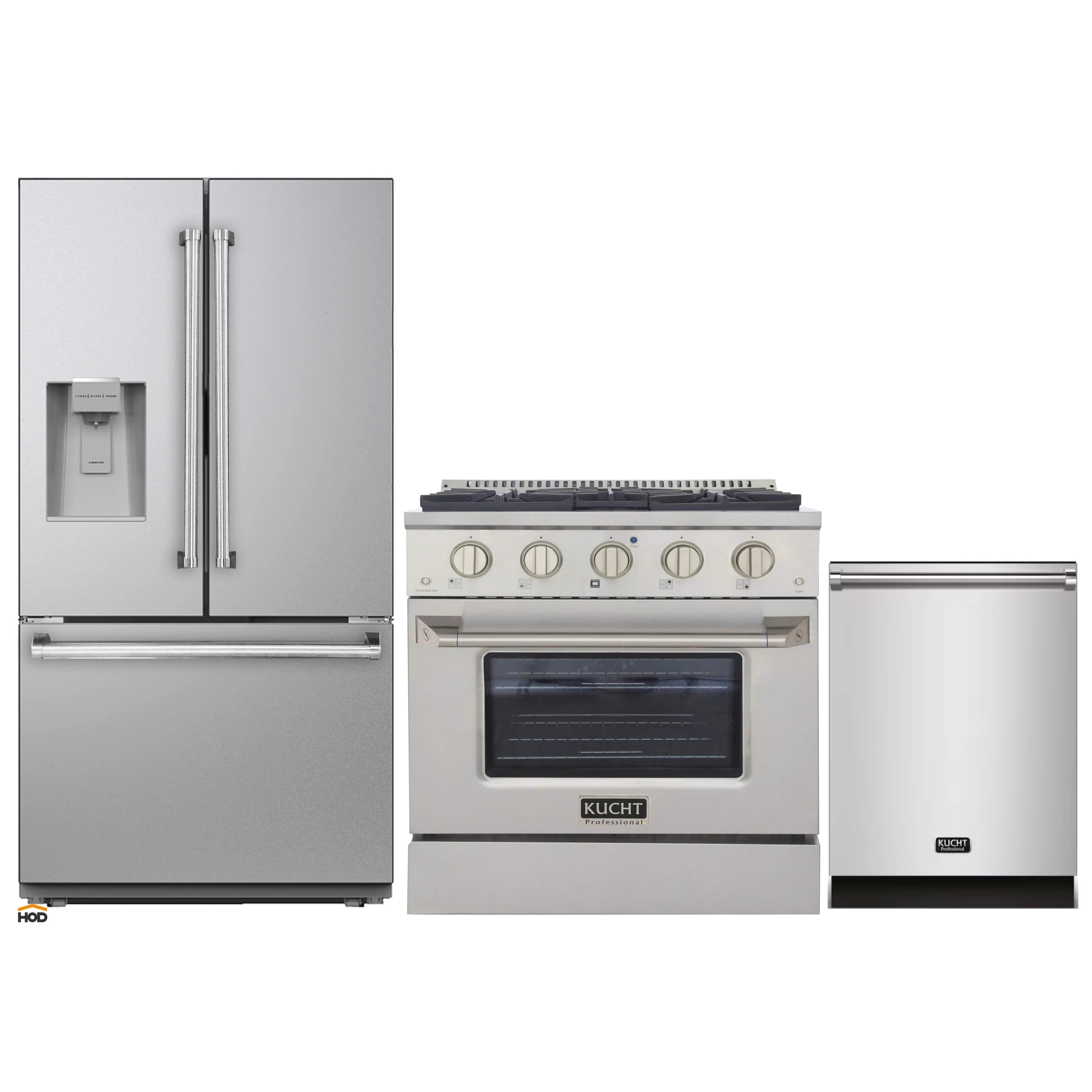 Stainless steel appliance package: refrigerator, dual-fuel range, and dishwasher set.
