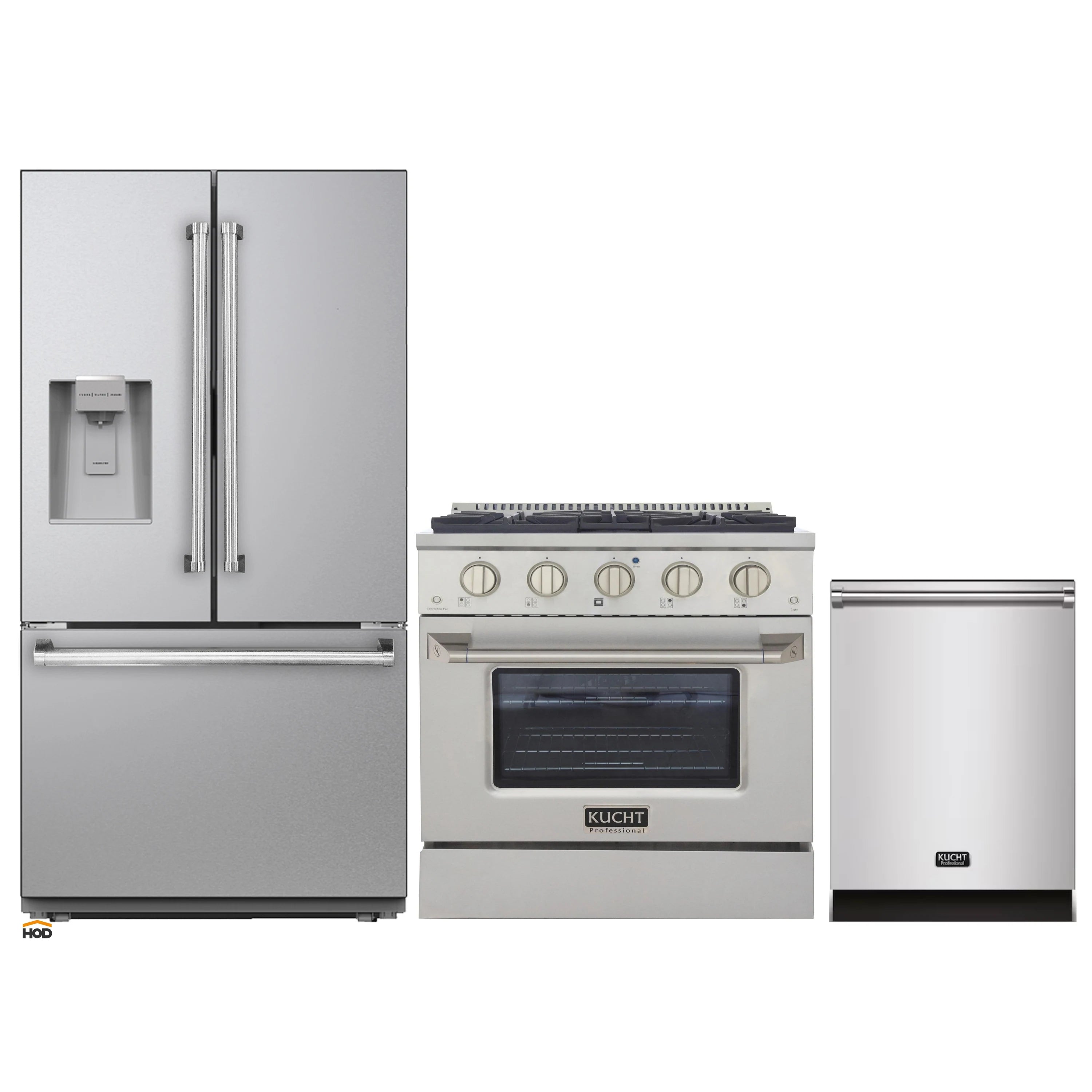 Stainless steel 3-piece appliance package: refrigerator, gas range, and dishwasher