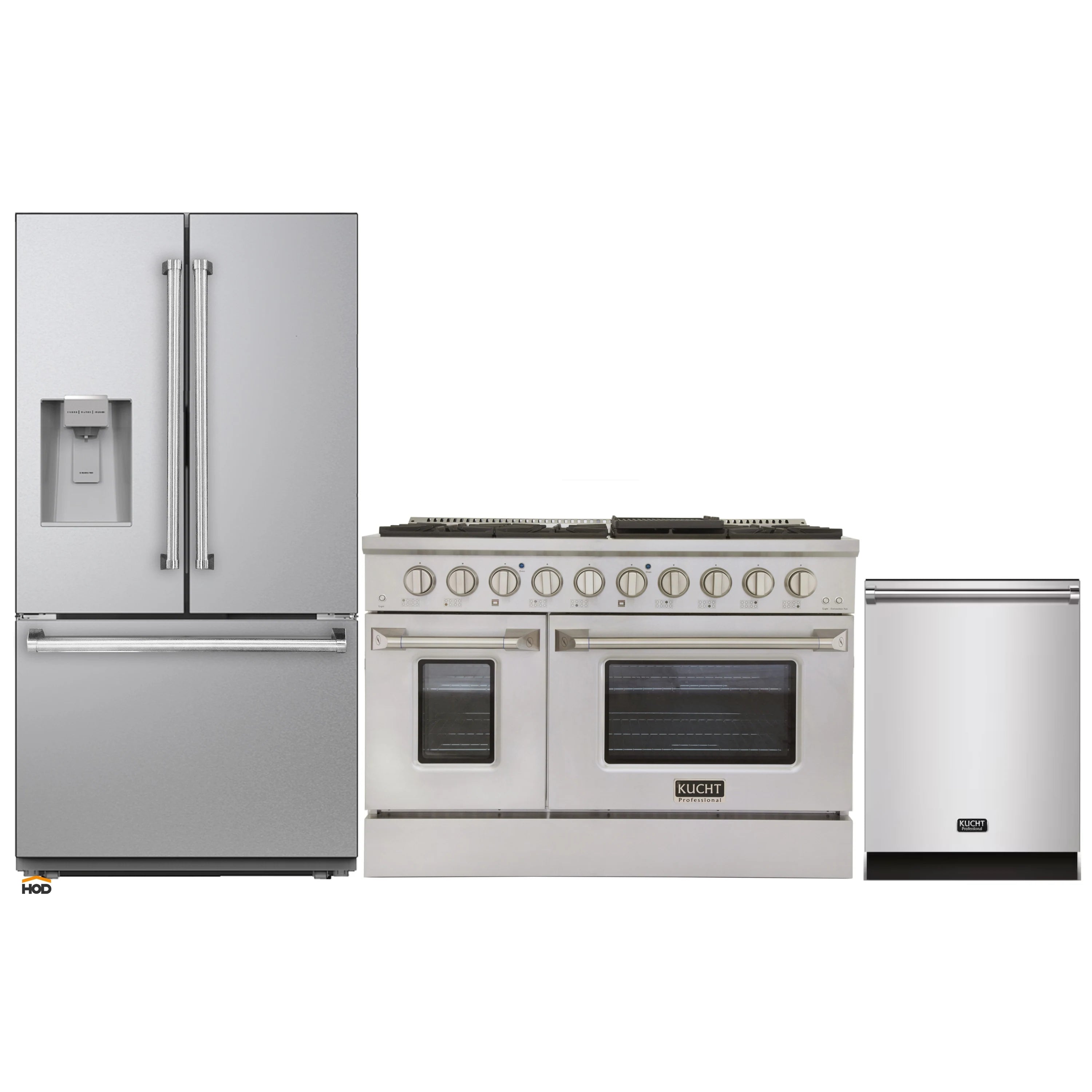 Kucht 3-piece appliance package with refrigerator, gas range, and dishwasher, stainless