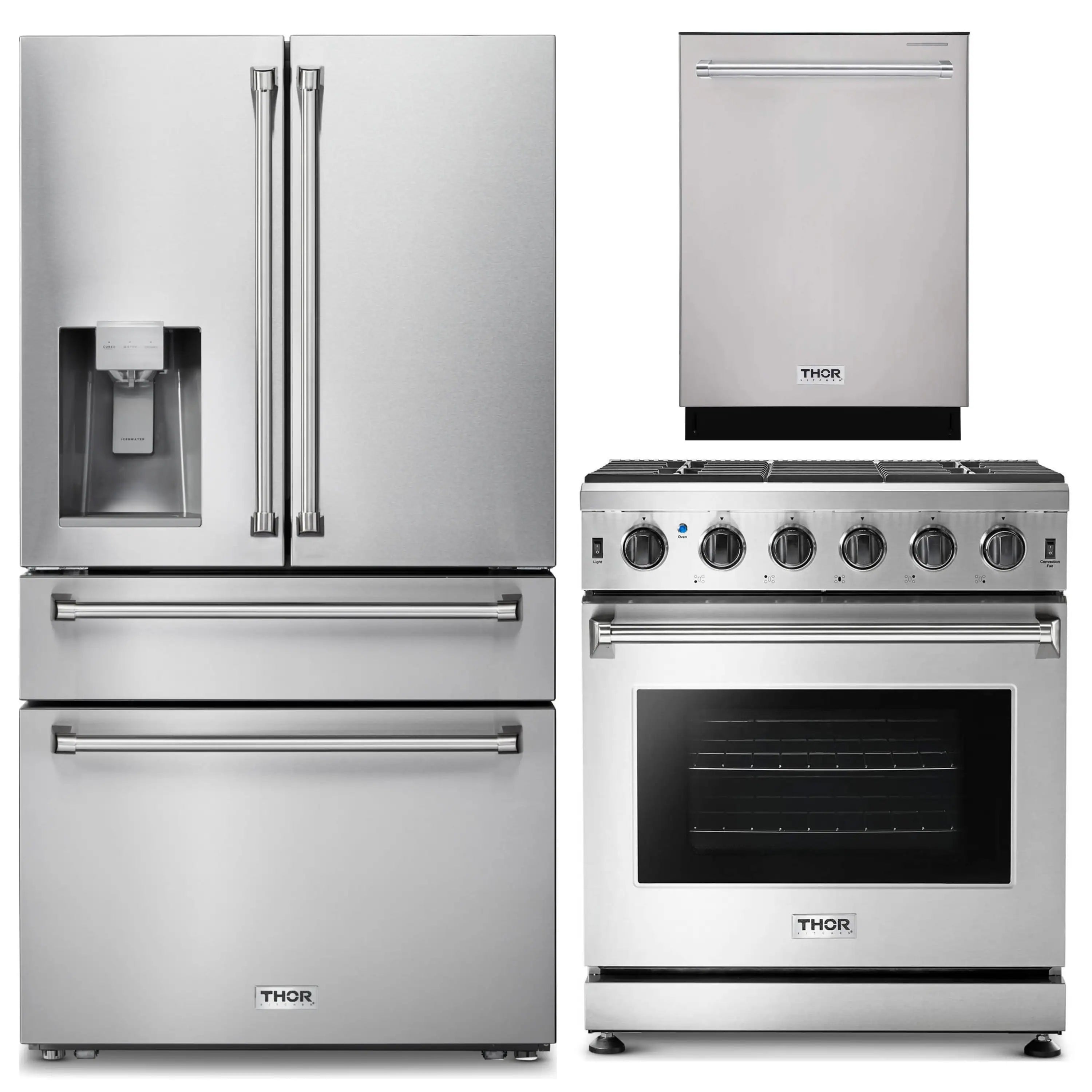 Stainless steel appliance package with double-door refrigerator, gas range, and built-in dishwasher