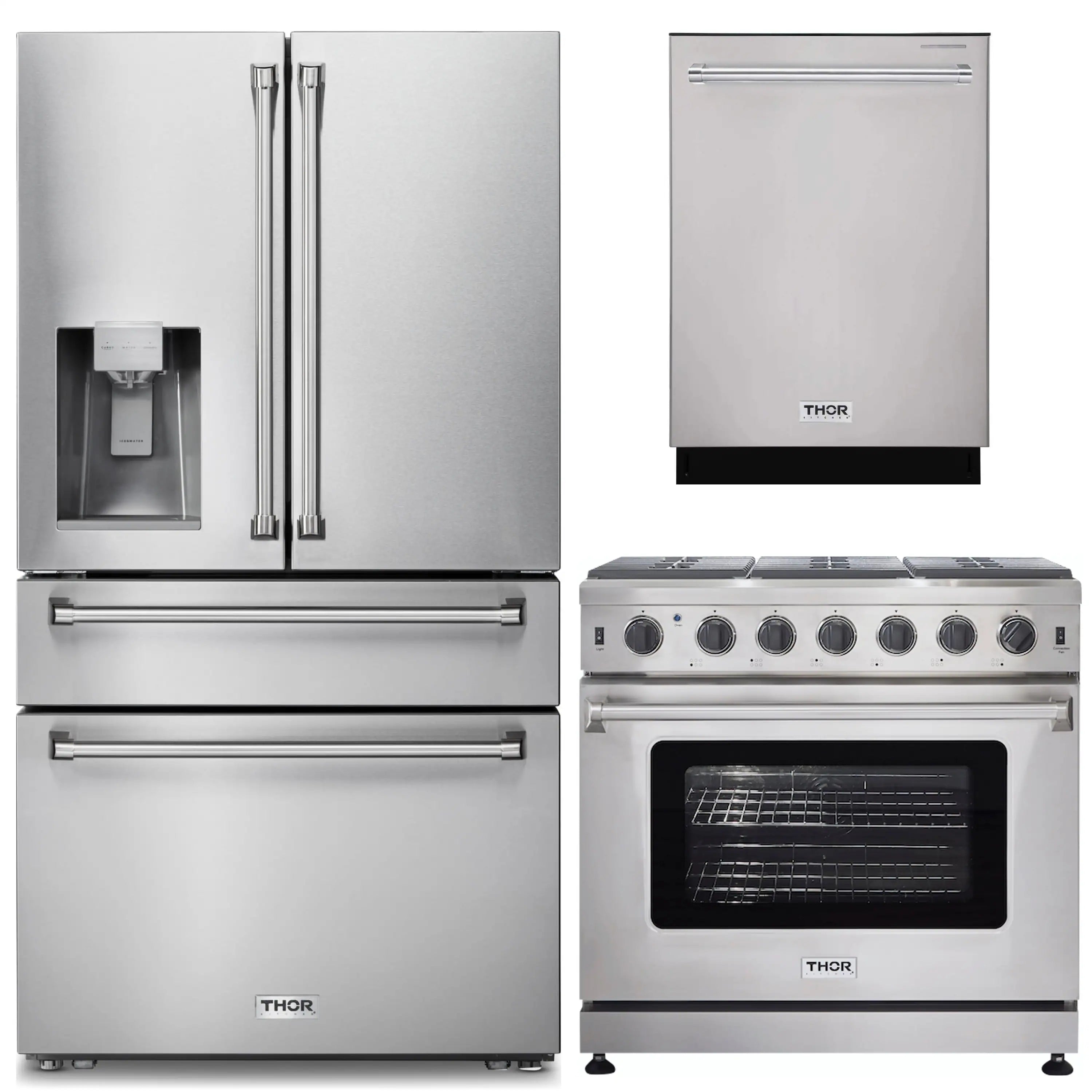 Thor stainless steel 3-piece appliance package: fridge with water dispenser, dishwasher, gas range
