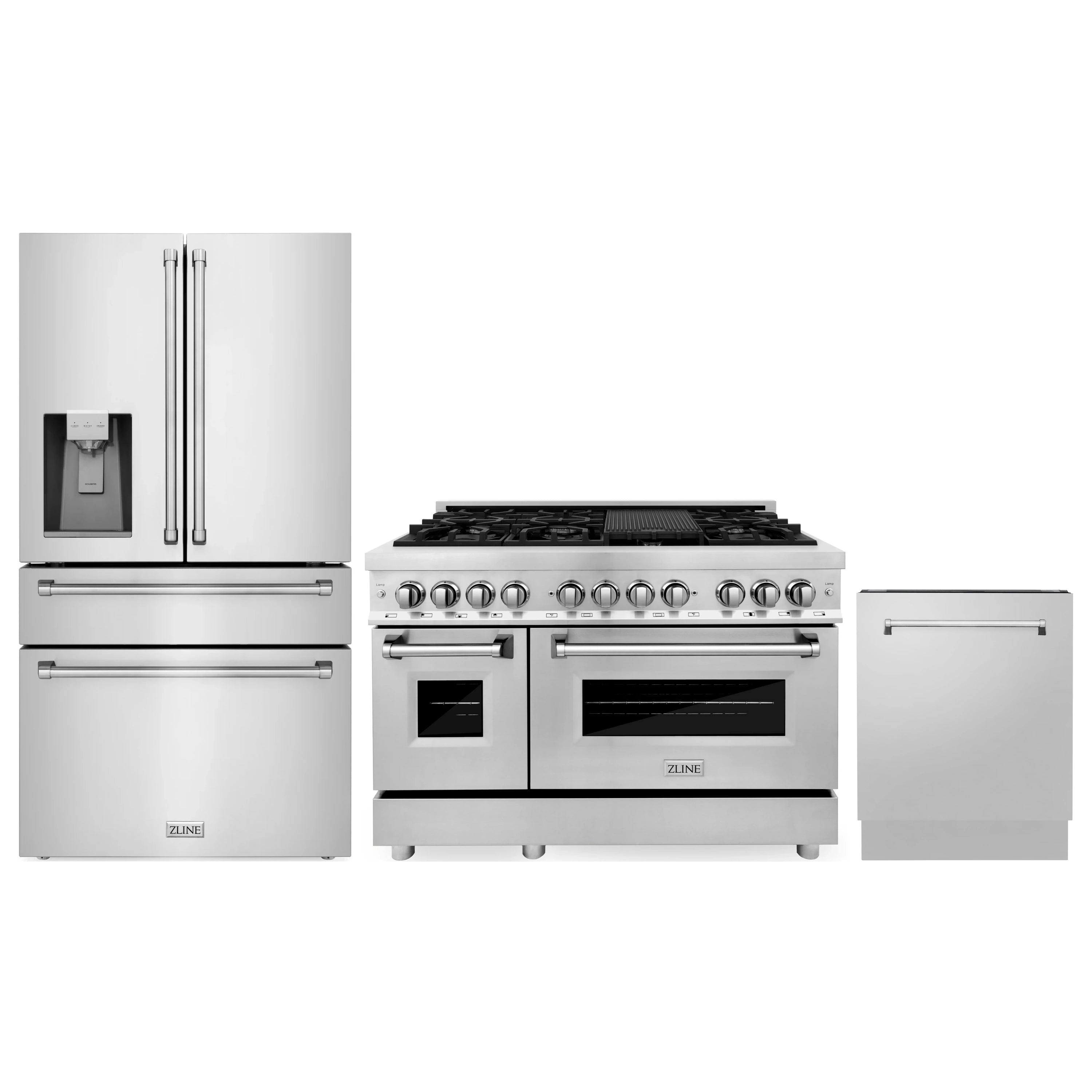 Stainless appliance package featuring french-door refrigerator, dual-fuel range, and dishwasher