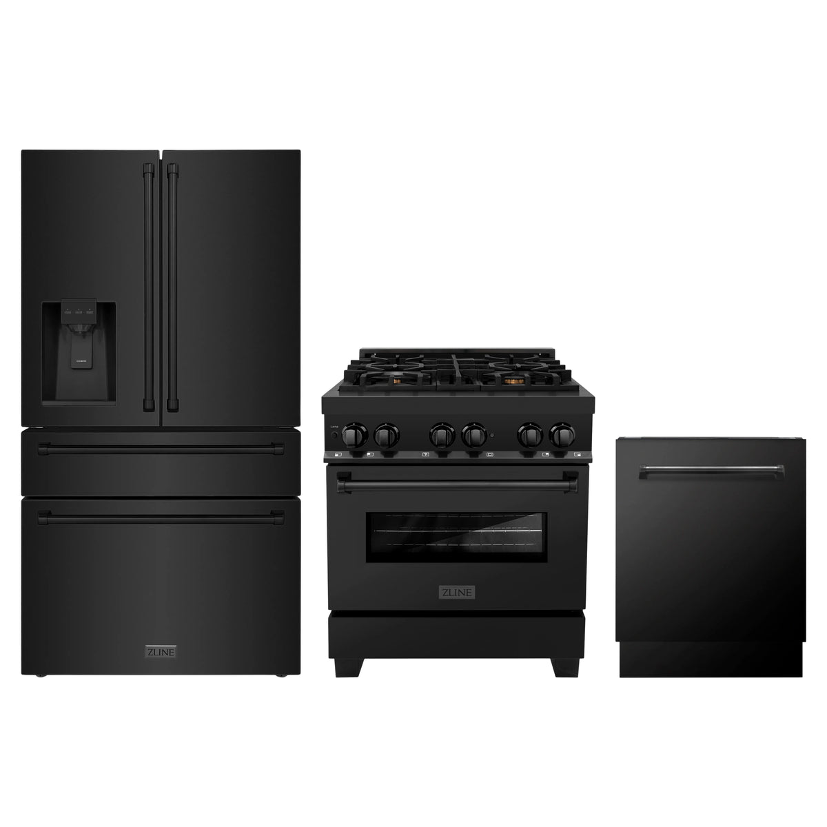 ZLINE 3-Piece Appliance Package - 30-Inch Legacy Dual Fuel Range, 36-Inch French Door Refrigerator with Water Dispenser, Dishwasher, in Black Stainless Steel