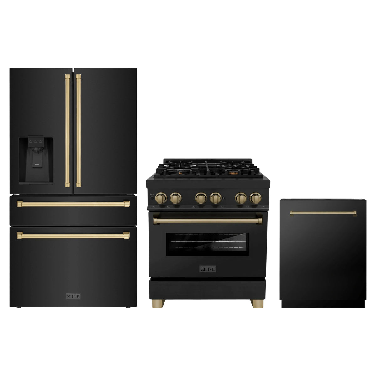 ZLINE 3-Piece Appliance Package - 30-Inch Legacy Dual Fuel Range, 36-Inch French Door Refrigerator with Water Dispenser, Dishwasher, in Black Stainless Steel with Champagne Bronze Accents