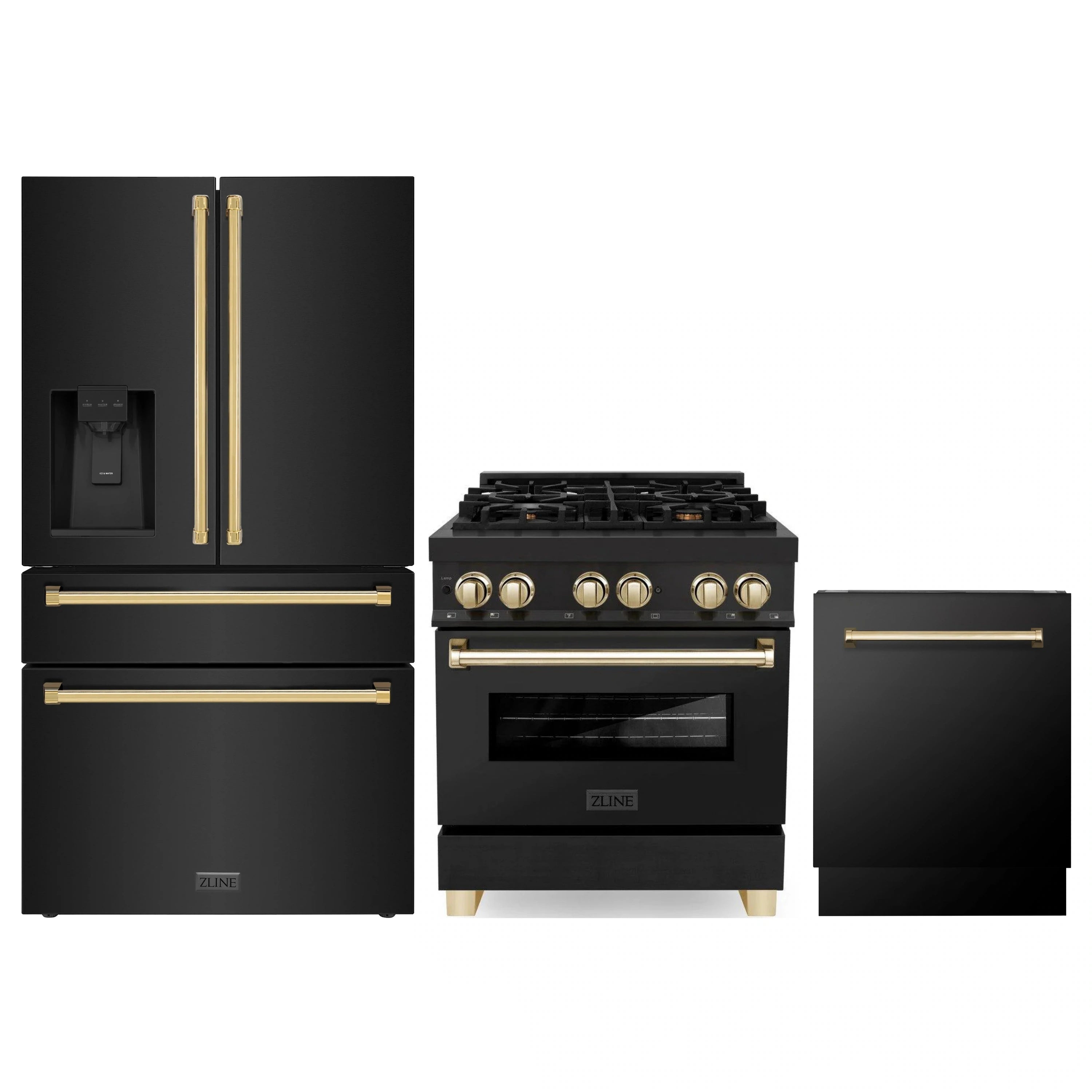 Black stainless appliance package with range, refrigerator, and dishwasher