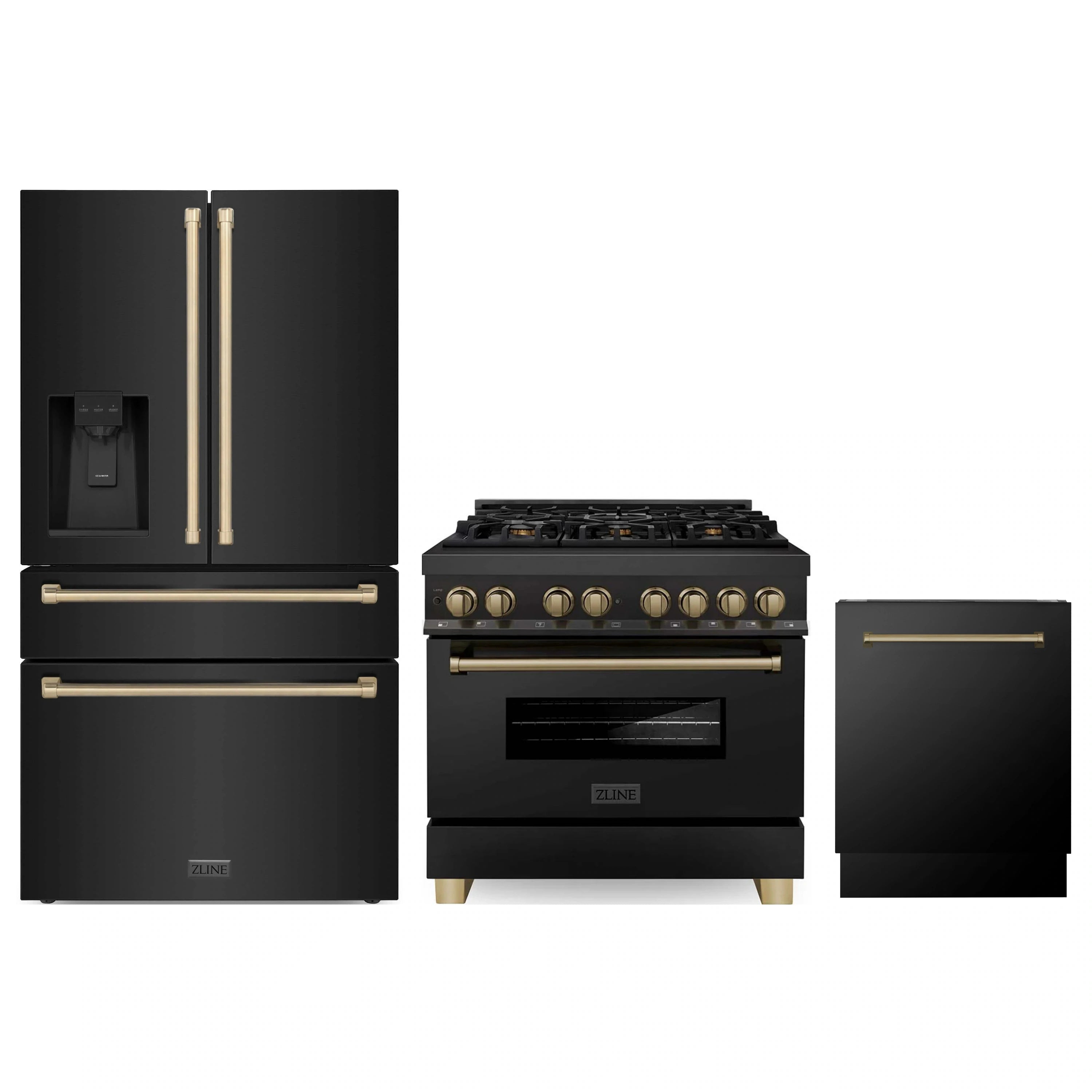 3-piece black appliance package with French door refrigerator, range, and dishwasher