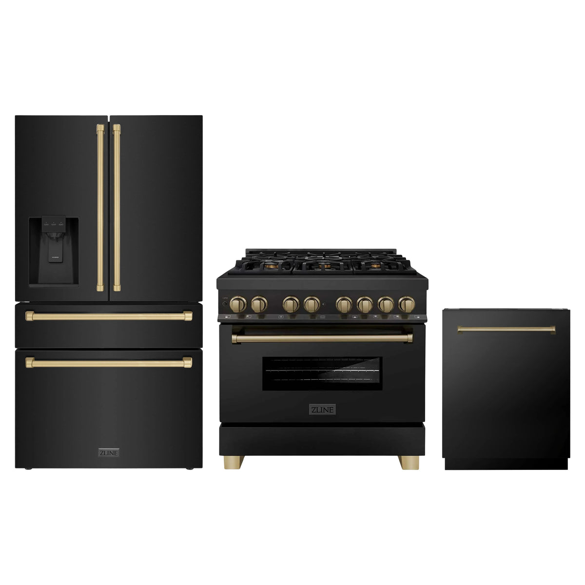 ZLINE 3-Piece Appliance Package - 36-Inch Legacy Dual Fuel Range, 36-Inch French Door Refrigerator with Water Dispenser, Dishwasher, in Black Stainless Steel with Champagne Bronze Accents