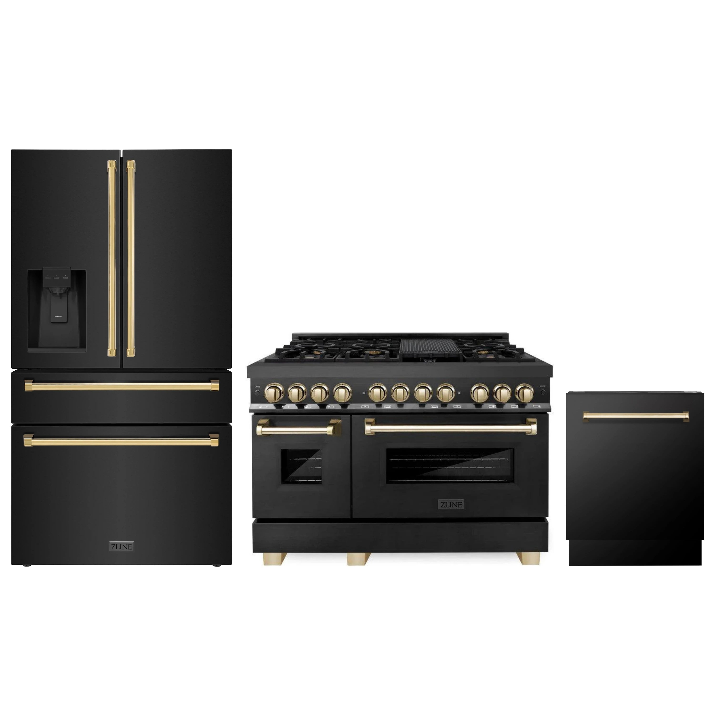 Black stainless appliance package with gold accents: refrigerator, range, dishwasher
