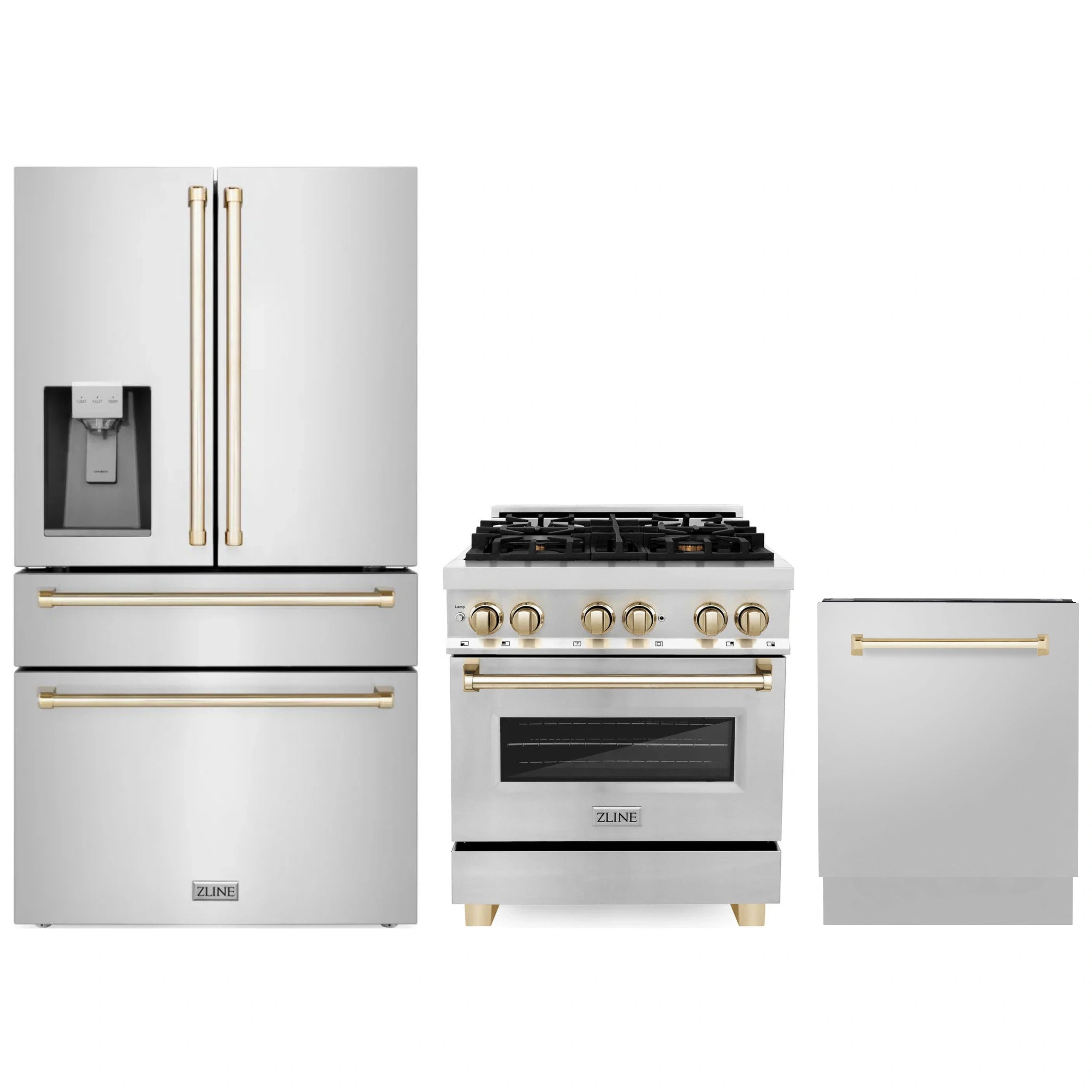 Stainless steel appliance set with gold accents: refrigerator, dual fuel range, dishwasher