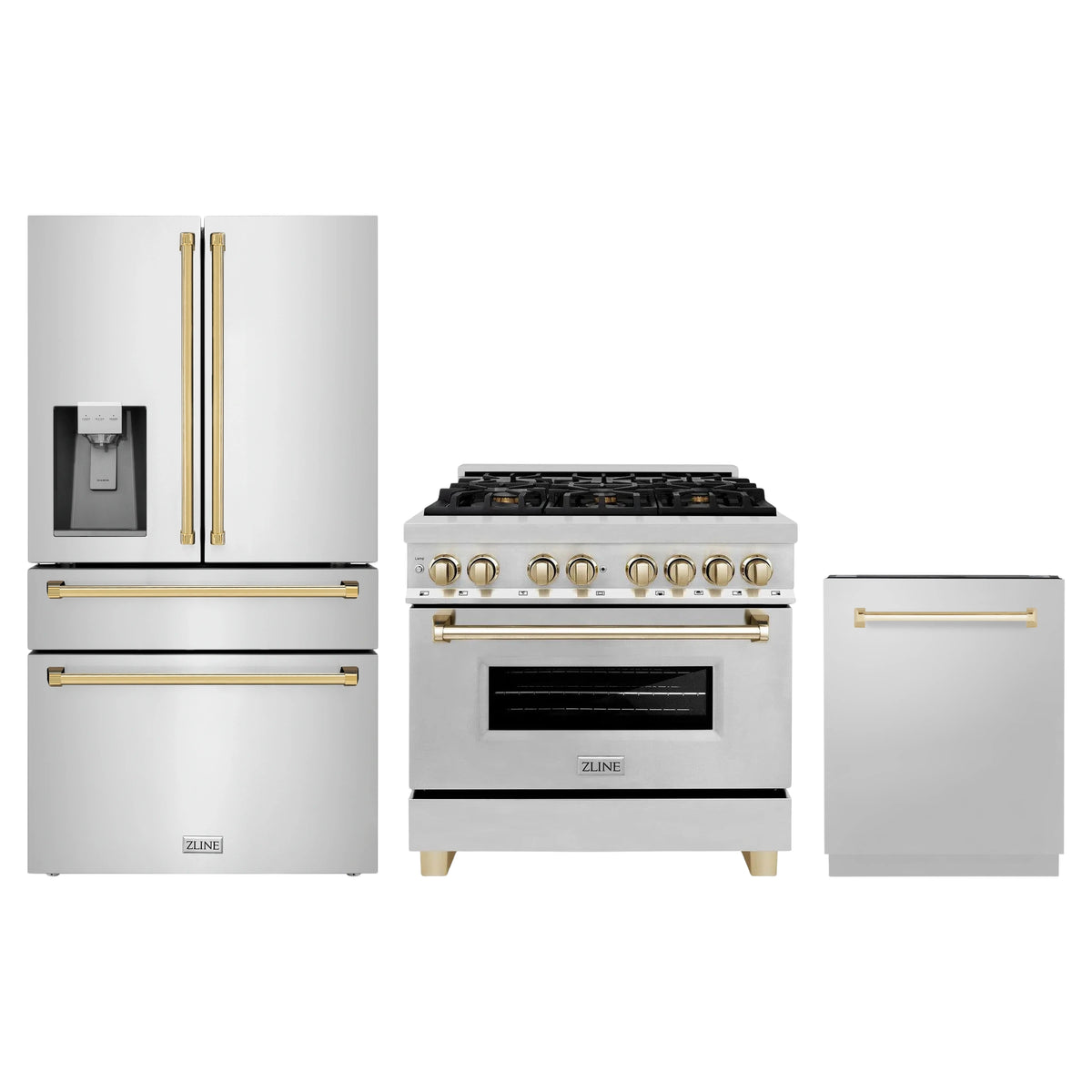 ZLINE 3-Piece Appliance Package - 36-Inch Legacy Autograph Dual Fuel Range, 36-Inch French Door Refrigerator with Water Dispenser, Dishwasher, in Stainless Steel with Gold Accents