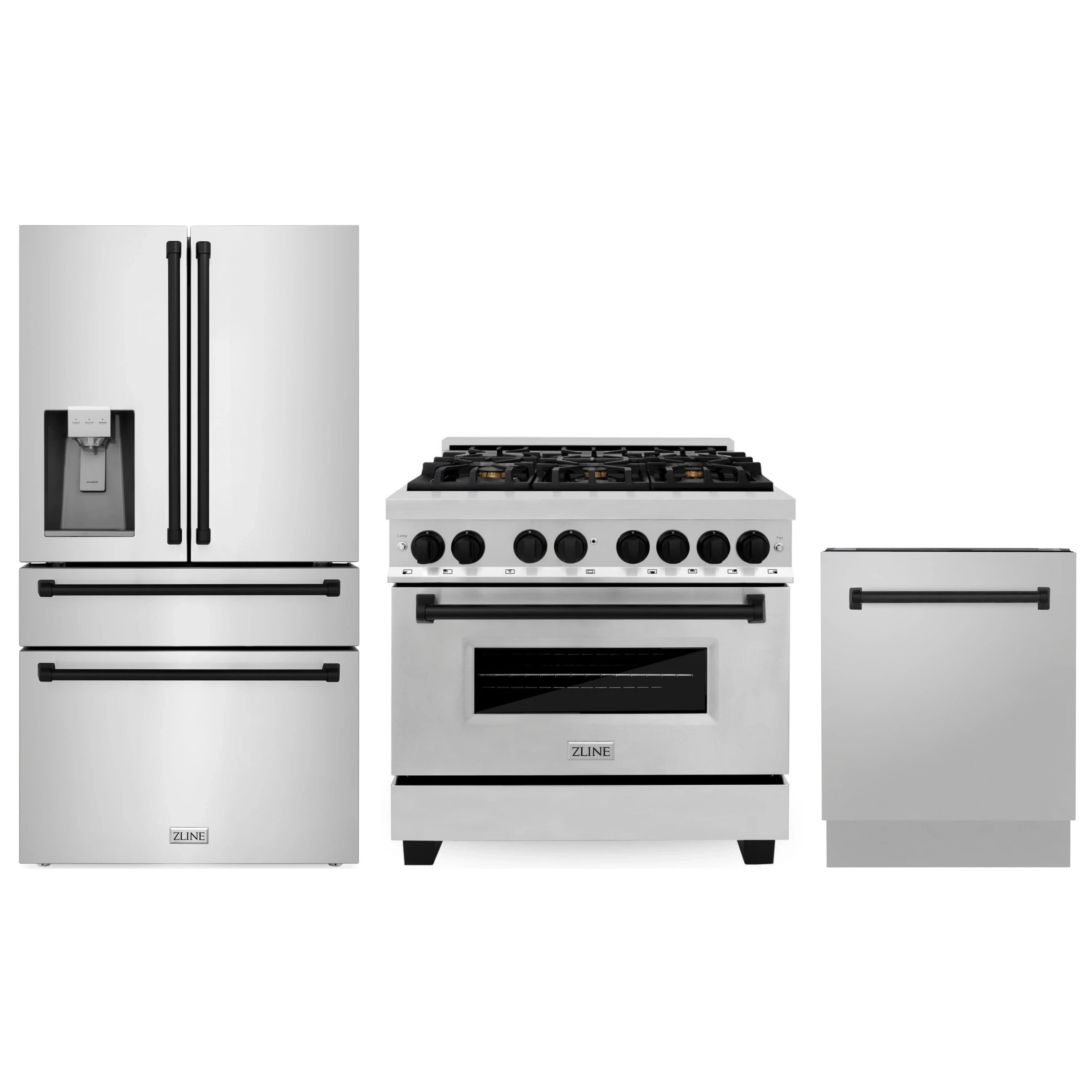 Stainless steel appliance set with French door refrigerator, dual fuel range, and dishwasher