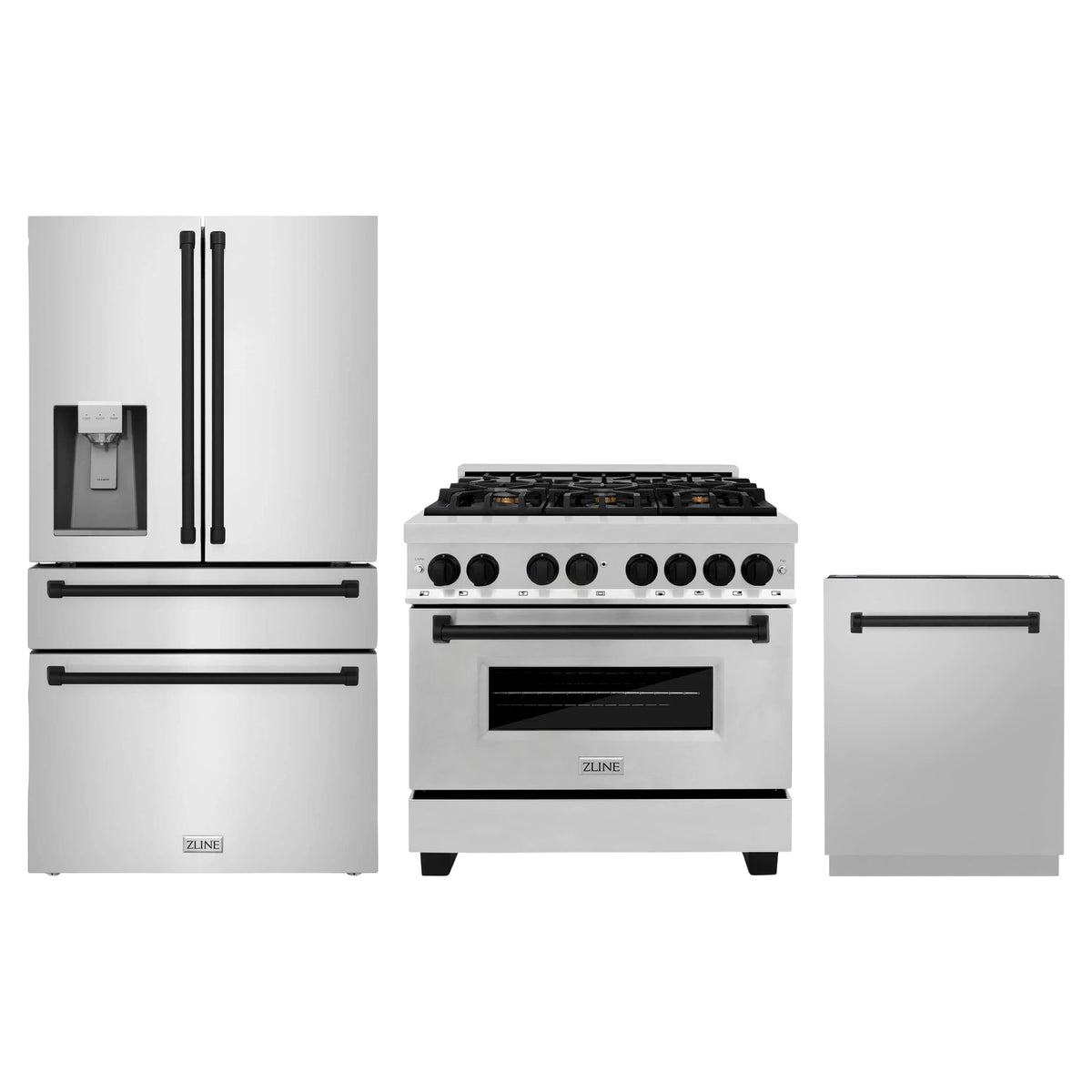 ZLINE 3-Piece Appliance Package - 36-Inch Legacy Autograph Dual Fuel Range, 36-Inch French Door Refrigerator with Water Dispenser, Dishwasher, in Stainless Steel with Matte Black Accents