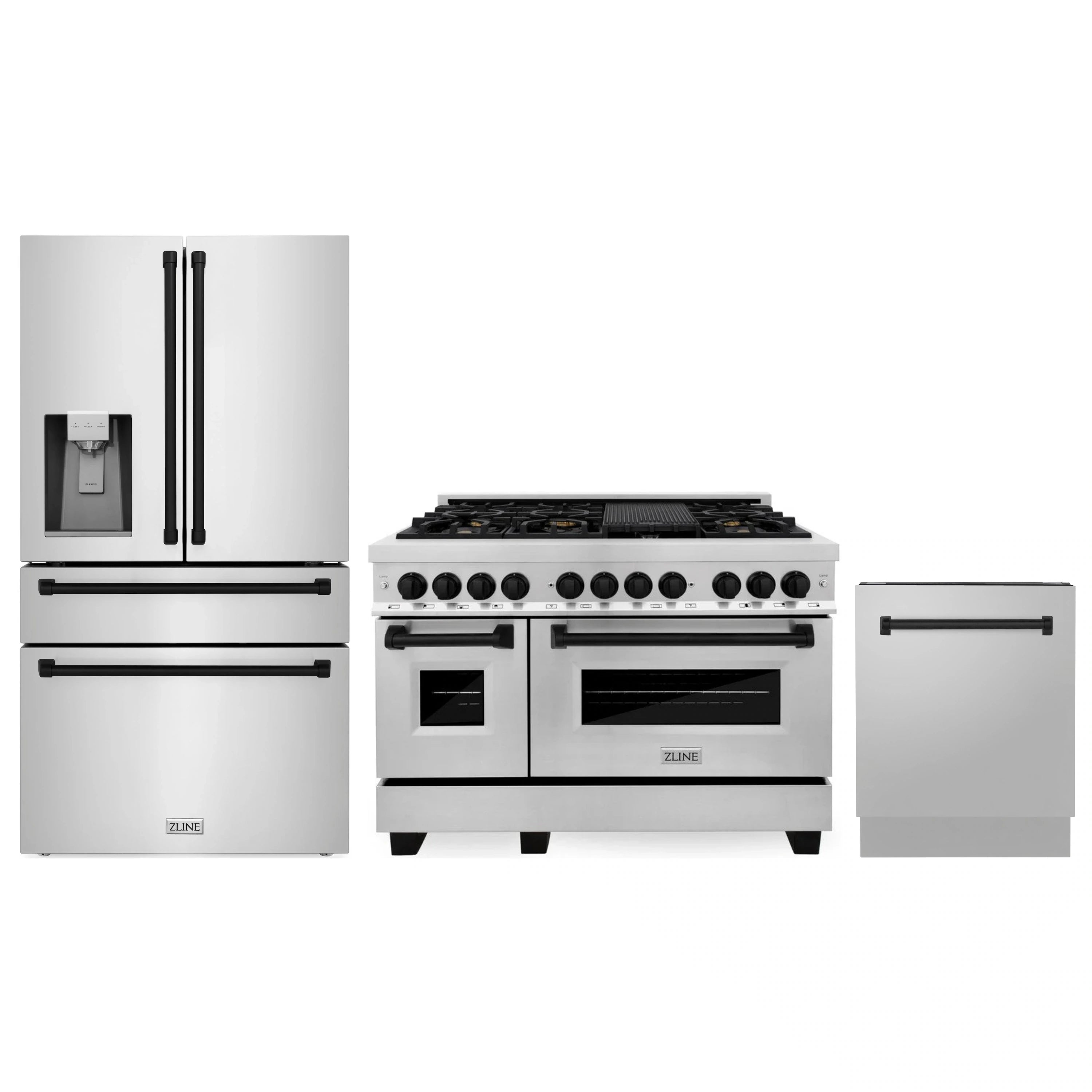 Stainless steel appliance package with matte black accents: fridge, dual fuel range, dishwasher
