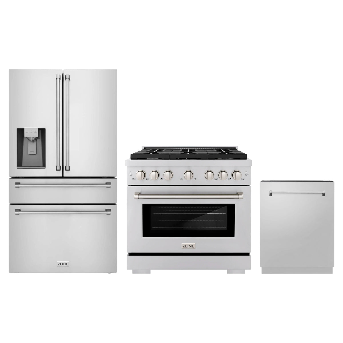 ZLINE 3-Piece Appliance Package - 36-Inch Paramount Dual Fuel Range, 36-Inch French Door Refrigerator with Water Dispenser, Dishwasher, in Stainless Steel