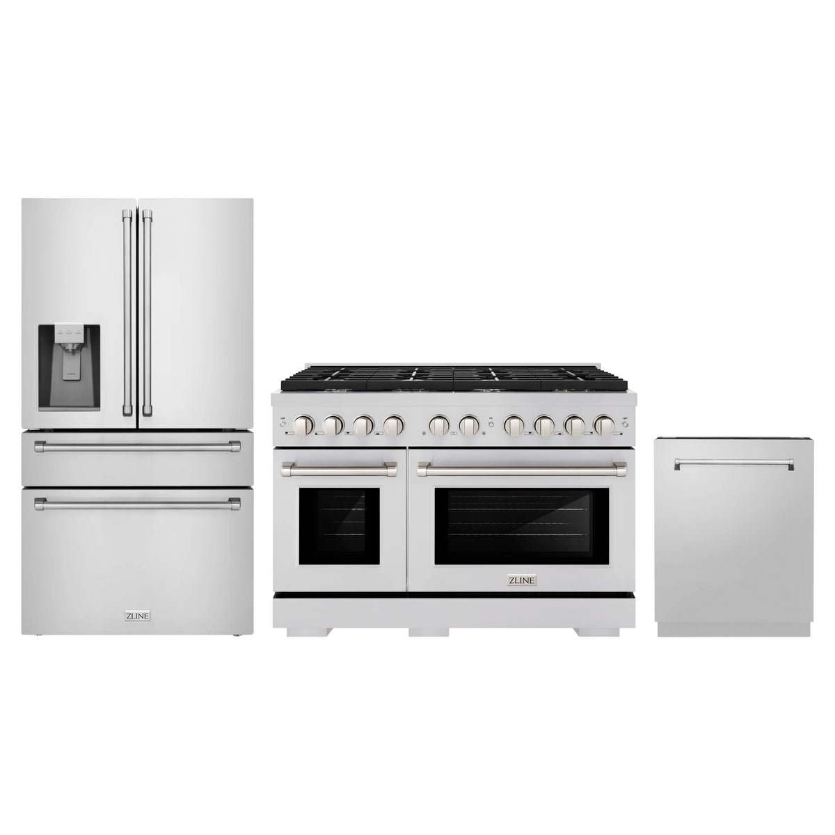 ZLINE 3-Piece Appliance Package - 48-Inch Paramount Dual Fuel Range, 36-Inch French Door Refrigerator with Water Dispenser, Dishwasher, in Stainless Steel