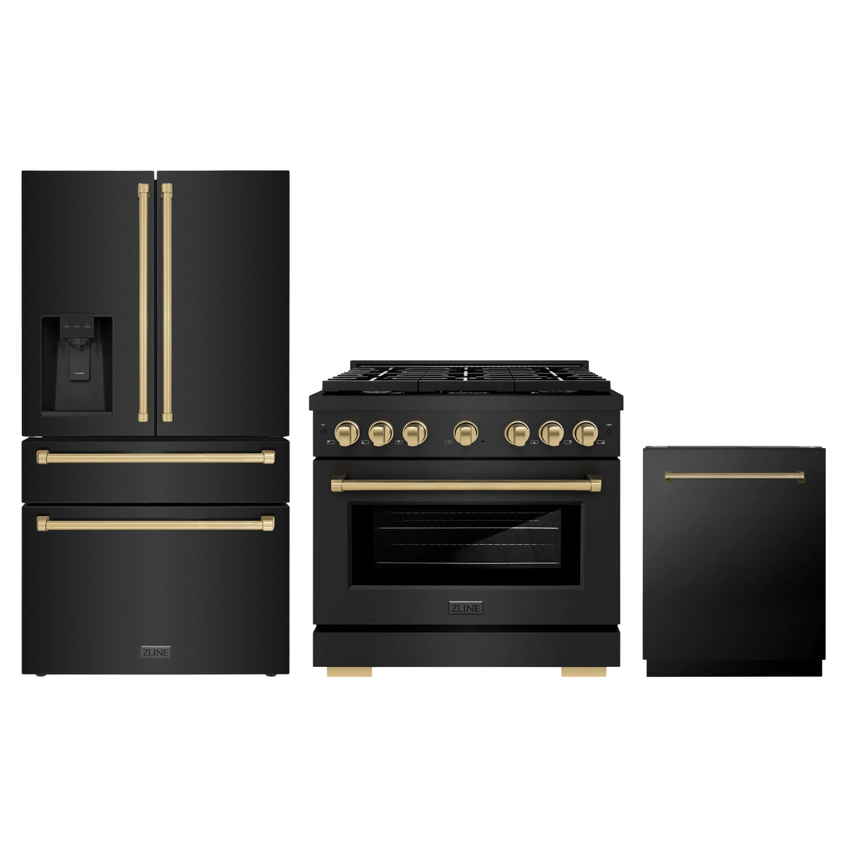 ZLINE 3-Piece Appliance Package - 36-Inch Paramount Dual Fuel Range, 36-Inch French Door Refrigerator with Water Dispenser, Dishwasher, in Black Stainless Steel with Champagne Bronze Accents