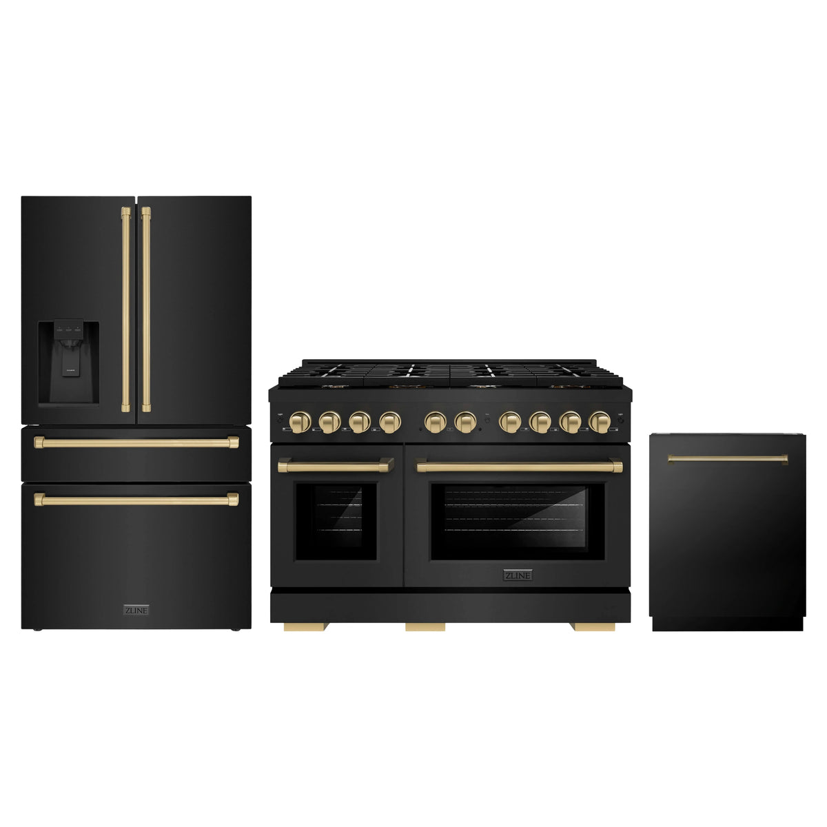 ZLINE 3-Piece Appliance Package - 48-Inch Paramount Dual Fuel Range, 36-Inch French Door Refrigerator with Water Dispenser, Dishwasher, in Black Stainless Steel with Champagne Bronze Accents