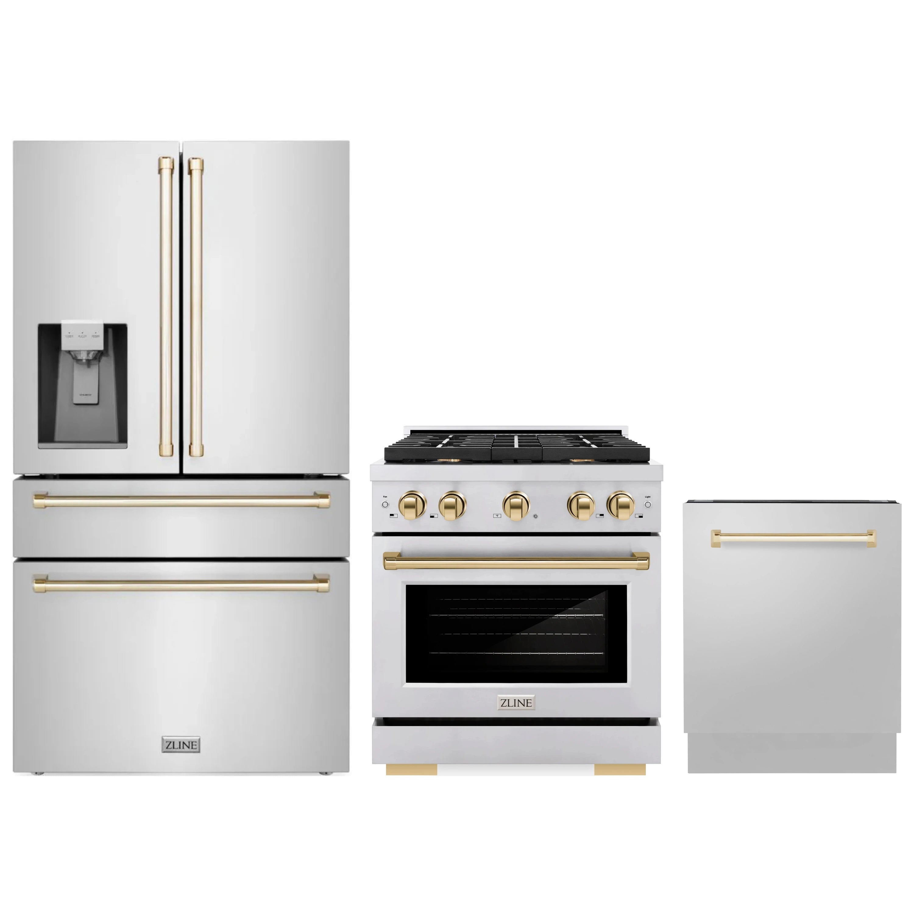 Three-appliance set: French-door refrigerator, range, and dishwasher in white with gold accents