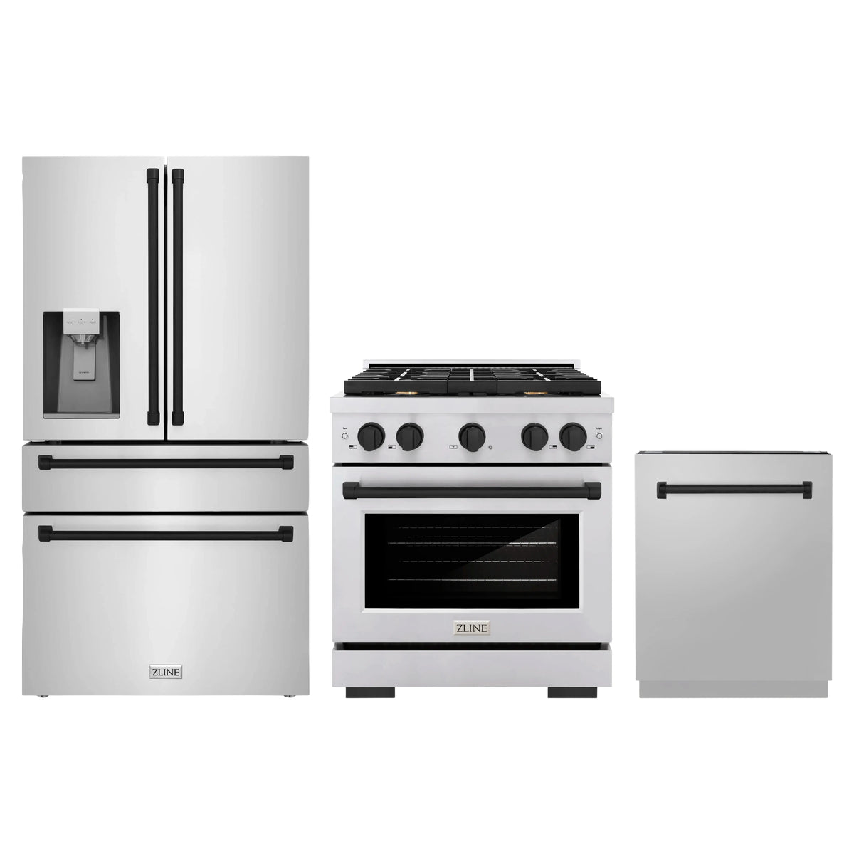 ZLINE 3-Piece Appliance Package - 30-Inch Paramount Autograph Dual Fuel Range, 36-Inch French Door Refrigerator with Water Dispenser, Dishwasher, in Stainless Steel with Matte Black Accents