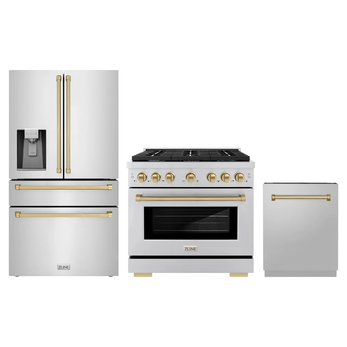 ZLINE 3-Piece Appliance Package - 36-Inch Paramount Autograph Dual Fuel Range, 36-Inch French Door Refrigerator with Water Dispenser, Dishwasher, in Stainless Steel with Champagne Bronze Accents