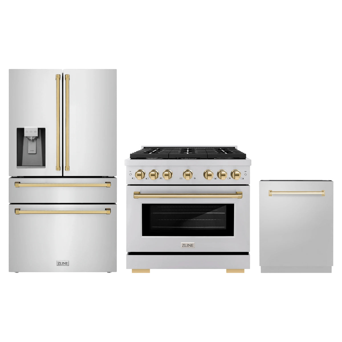 ZLINE 3-Piece Appliance Package - 36-Inch Paramount Autograph Dual Fuel Range, 36-Inch French Door Refrigerator with Water Dispenser, Dishwasher, in Stainless Steel with Gold Accents