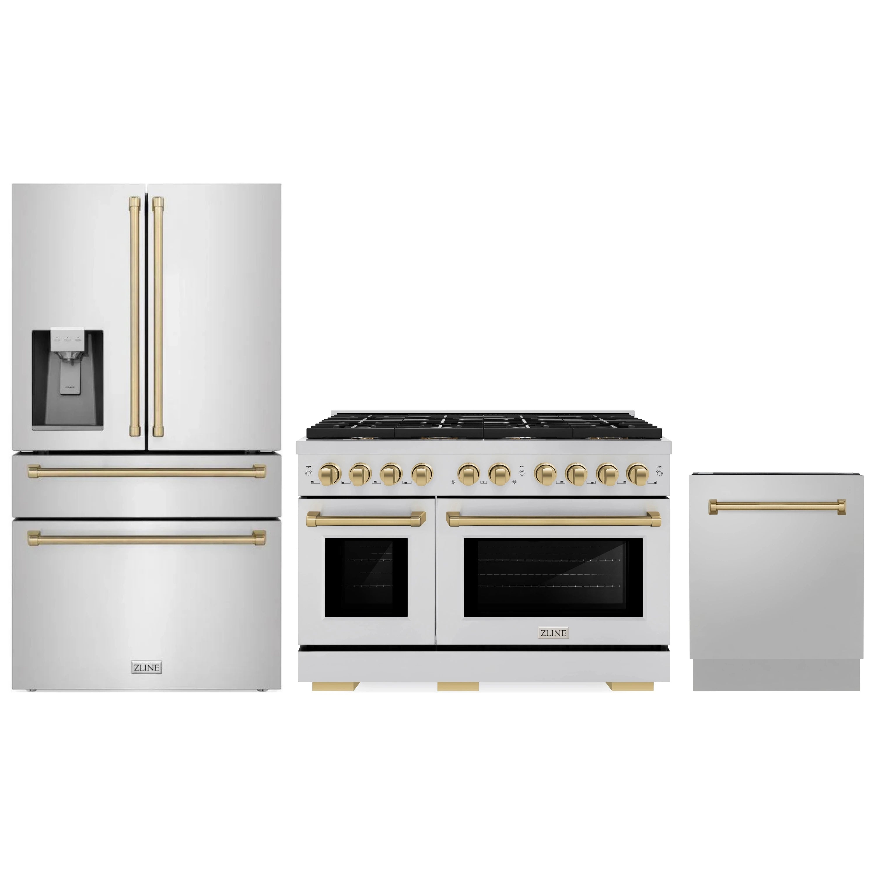 ZLINE stainless appliance package: dual fuel range, French door refrigerator, and dishwasher