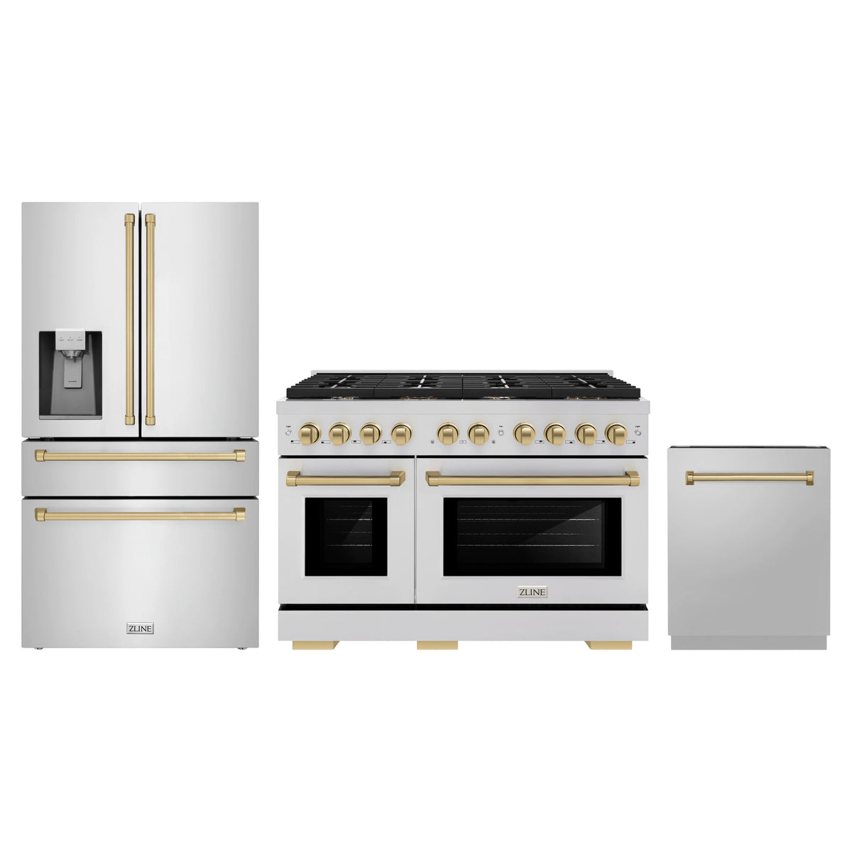 ZLINE 3-Piece Appliance Package - 48-Inch Paramount Autograph Dual Fuel Range, 36-Inch French Door Refrigerator with Water Dispenser, Dishwasher, in Stainless Steel with Champagne Bronze Accents