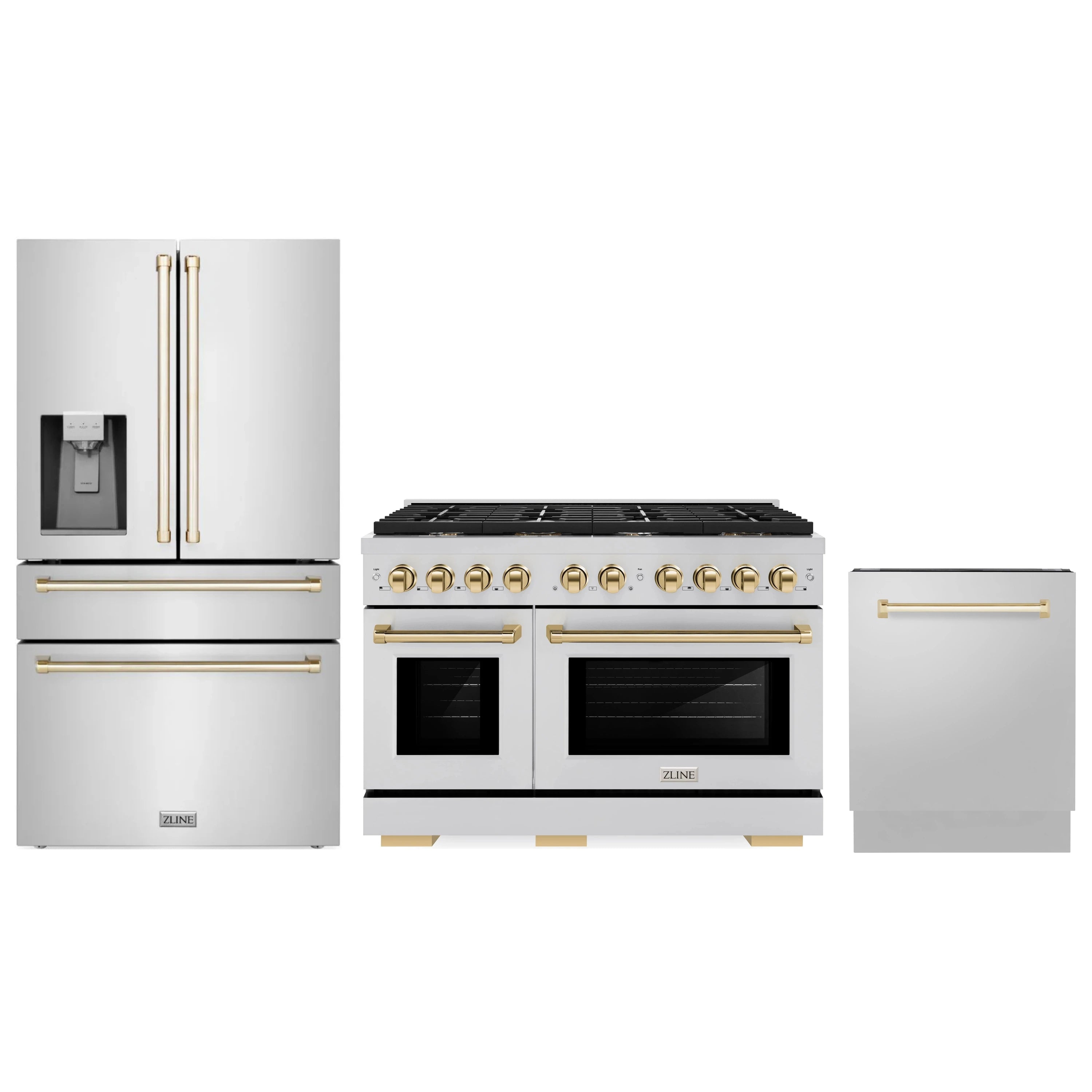 Stainless steel appliance package with gold accents: range, refrigerator, and dishwasher