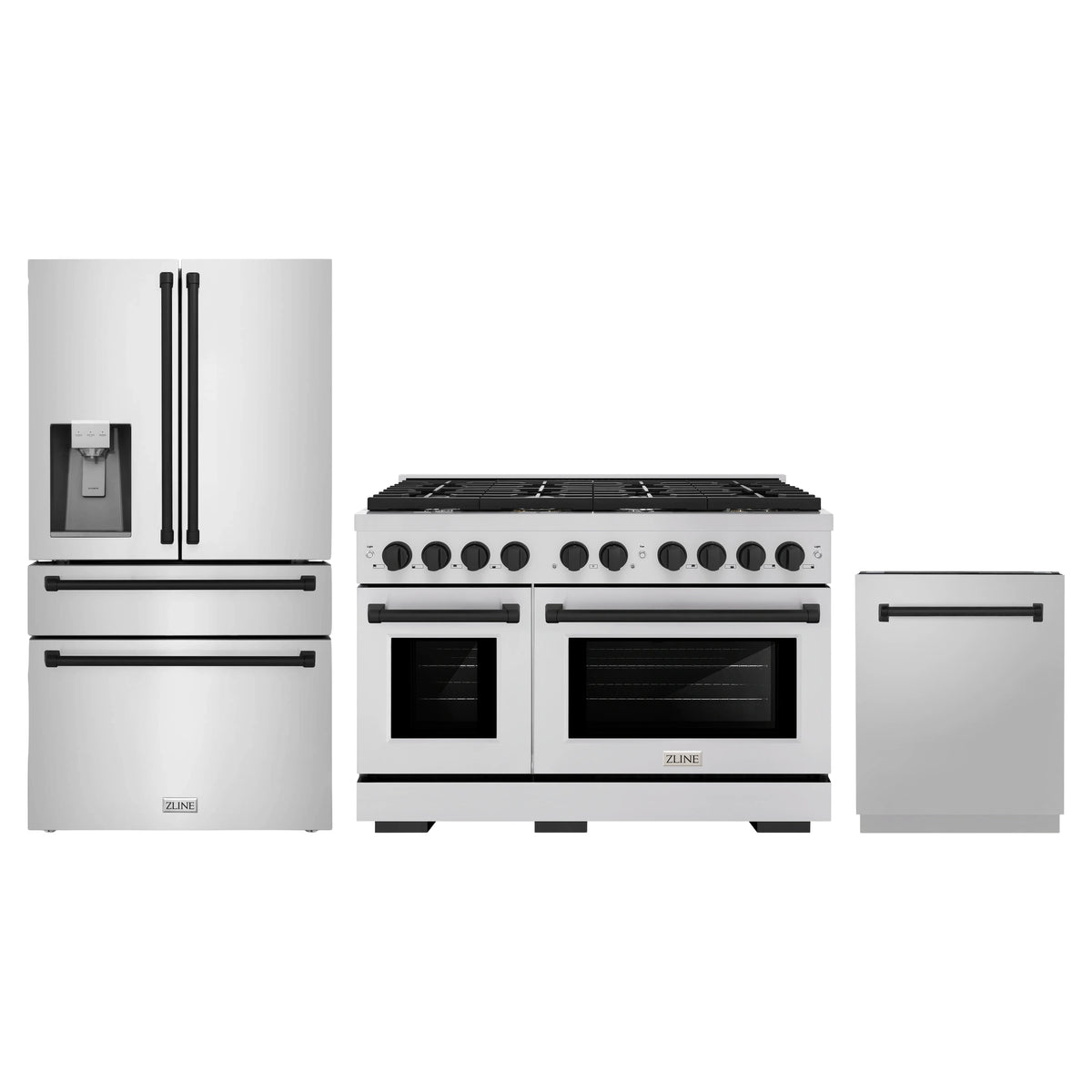 ZLINE 3-Piece Appliance Package - 48-Inch Paramount Autograph Dual Fuel Range, 36-Inch French Door Refrigerator with Water Dispenser, Dishwasher, in Stainless Steel with Matte Black Accents