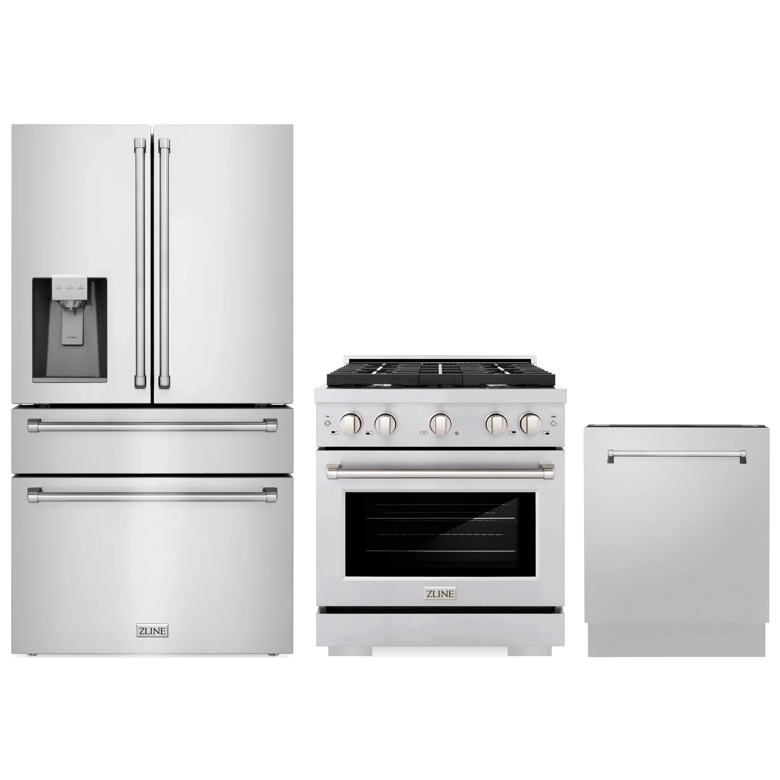 Stainless steel 3-piece kitchen appliance set: refrigerator, gas range, dishwasher