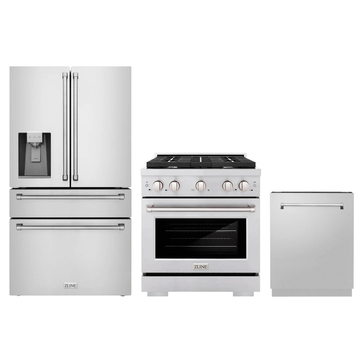 ZLINE 3-Piece Appliance Package - 30-Inch Paramount Gas Range, 36-Inch French Door Refrigerator with Water Dispenser, Dishwasher, in Stainless Steel