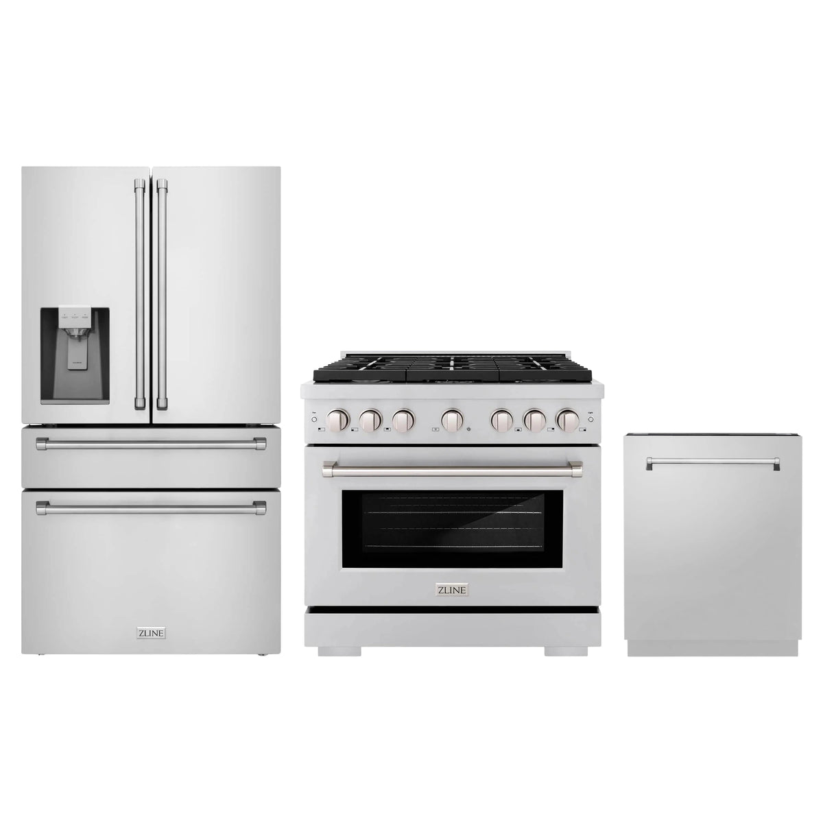 ZLINE 3-Piece Appliance Package - 36-Inch Paramount Gas Range, 36-Inch French Door Refrigerator with Water Dispenser, Dishwasher, in Stainless Steel