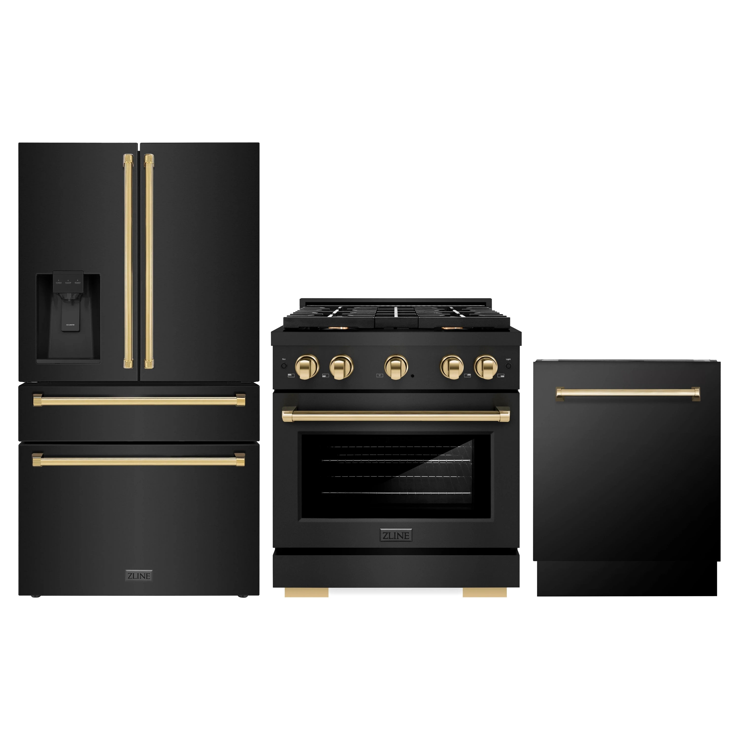 Black stainless kitchen appliance package with gold-accent range, refrigerator, and dishwasher
