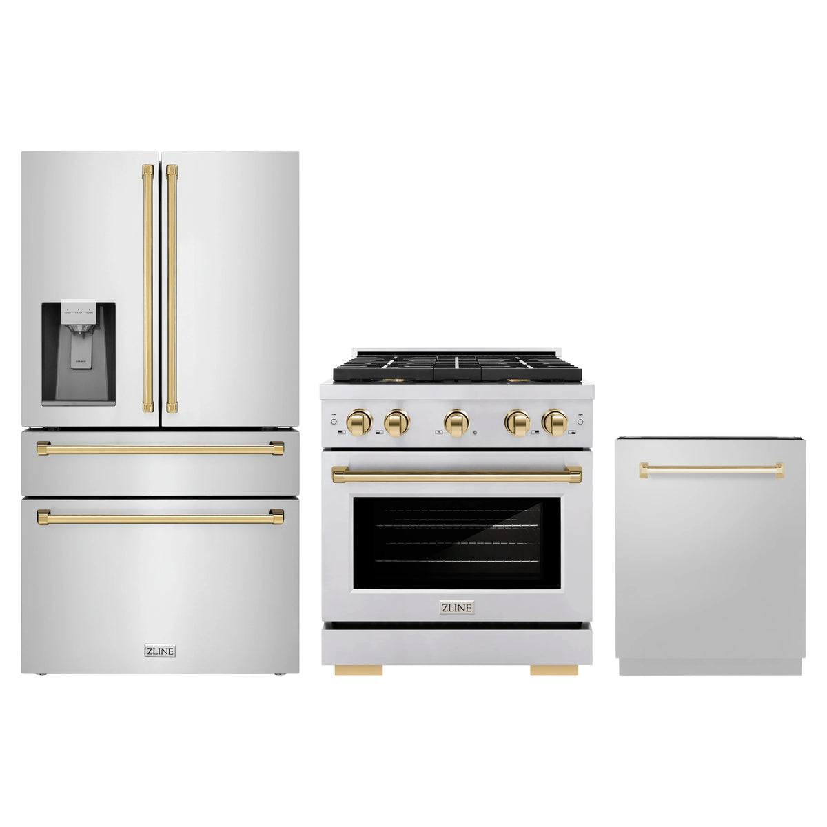 ZLINE 3-Piece Appliance Package - 30-Inch Paramount Autograph Gas Range, 36-Inch French Door Refrigerator with Water Dispenser, Dishwasher, in Stainless Steel with Gold Accents