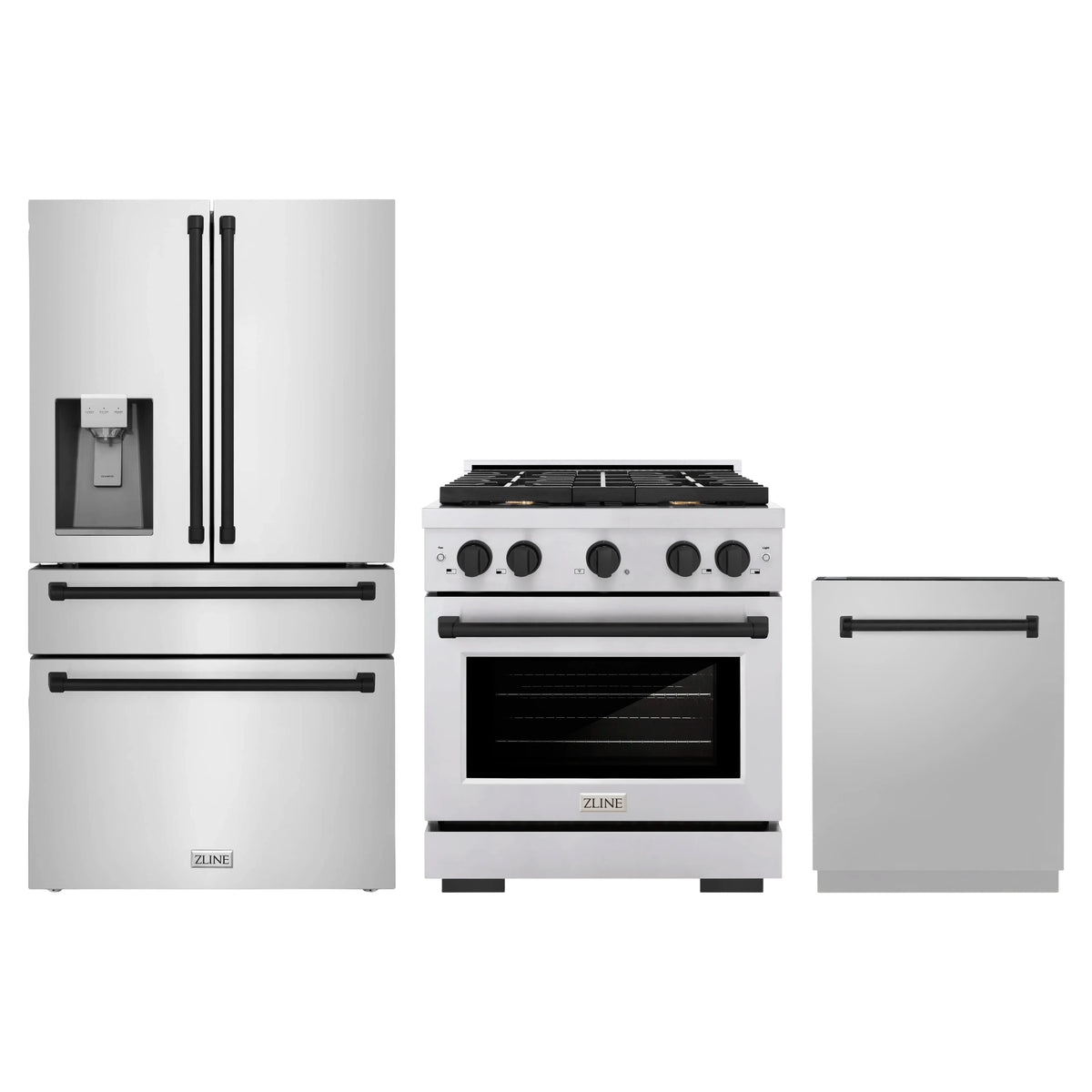 ZLINE 3-Piece Appliance Package - 30-Inch Paramount Autograph Gas Range, 36-Inch French Door Refrigerator with Water Dispenser, Dishwasher, in Stainless Steel with Matte Black Accents