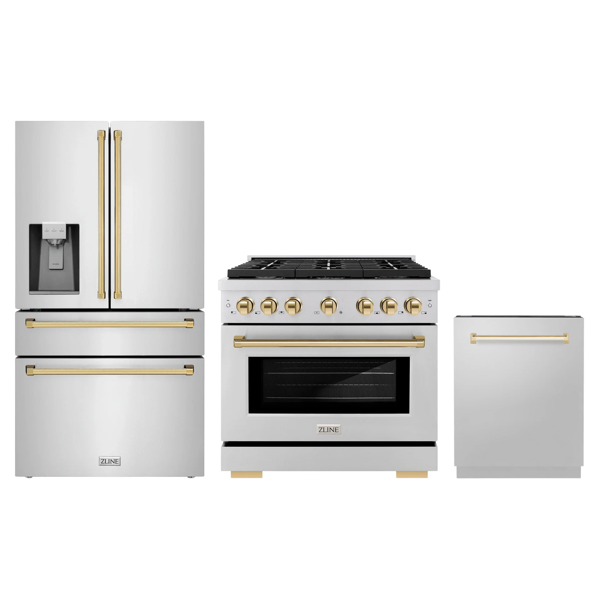 ZLINE 3-Piece Appliance Package - 36-Inch Paramount Autograph Gas Range, 36-Inch French Door Refrigerator with Water Dispenser, Dishwasher, in Stainless Steel with Gold Accents