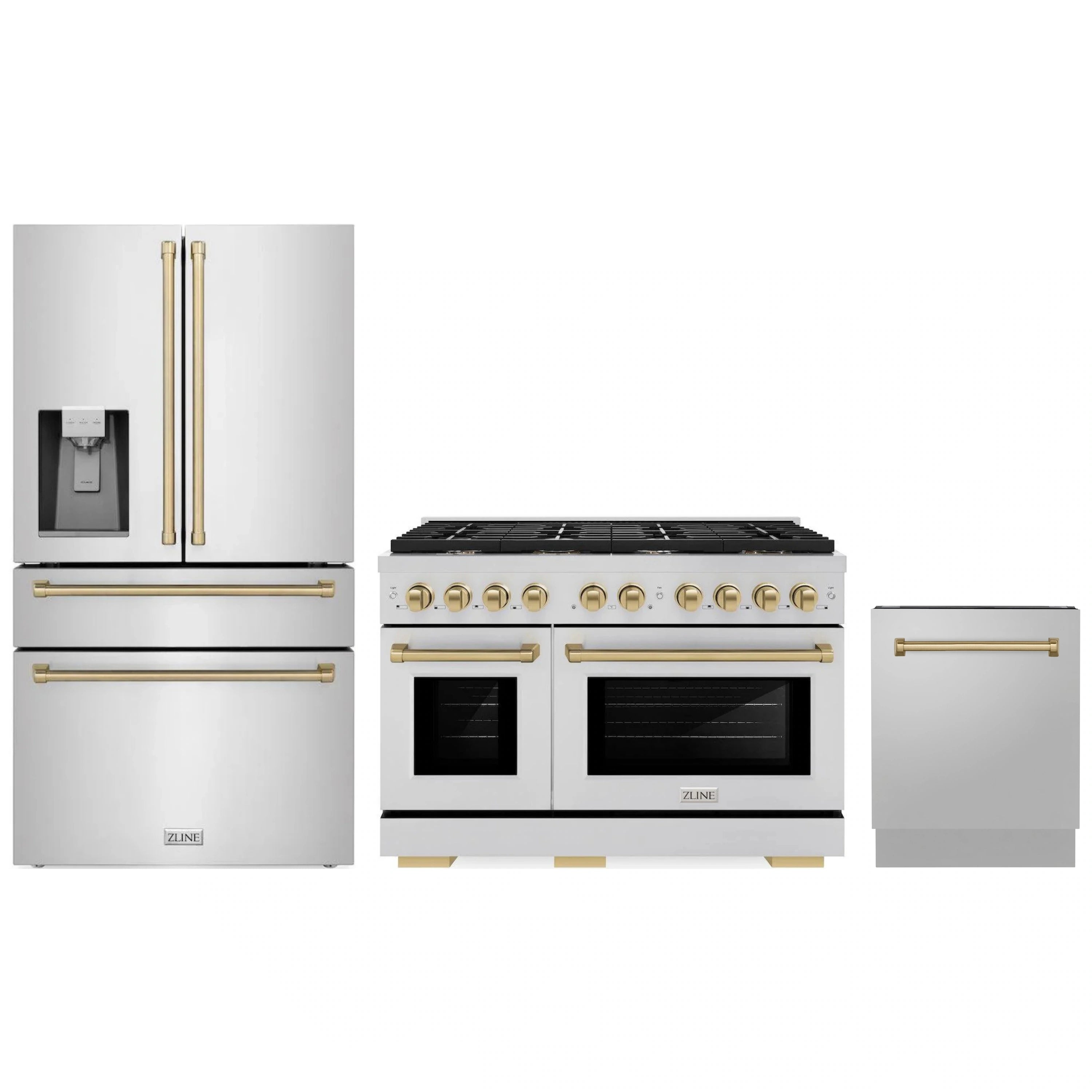 3-piece kitchen package: stainless range, French-door fridge, dishwasher with bronze accents