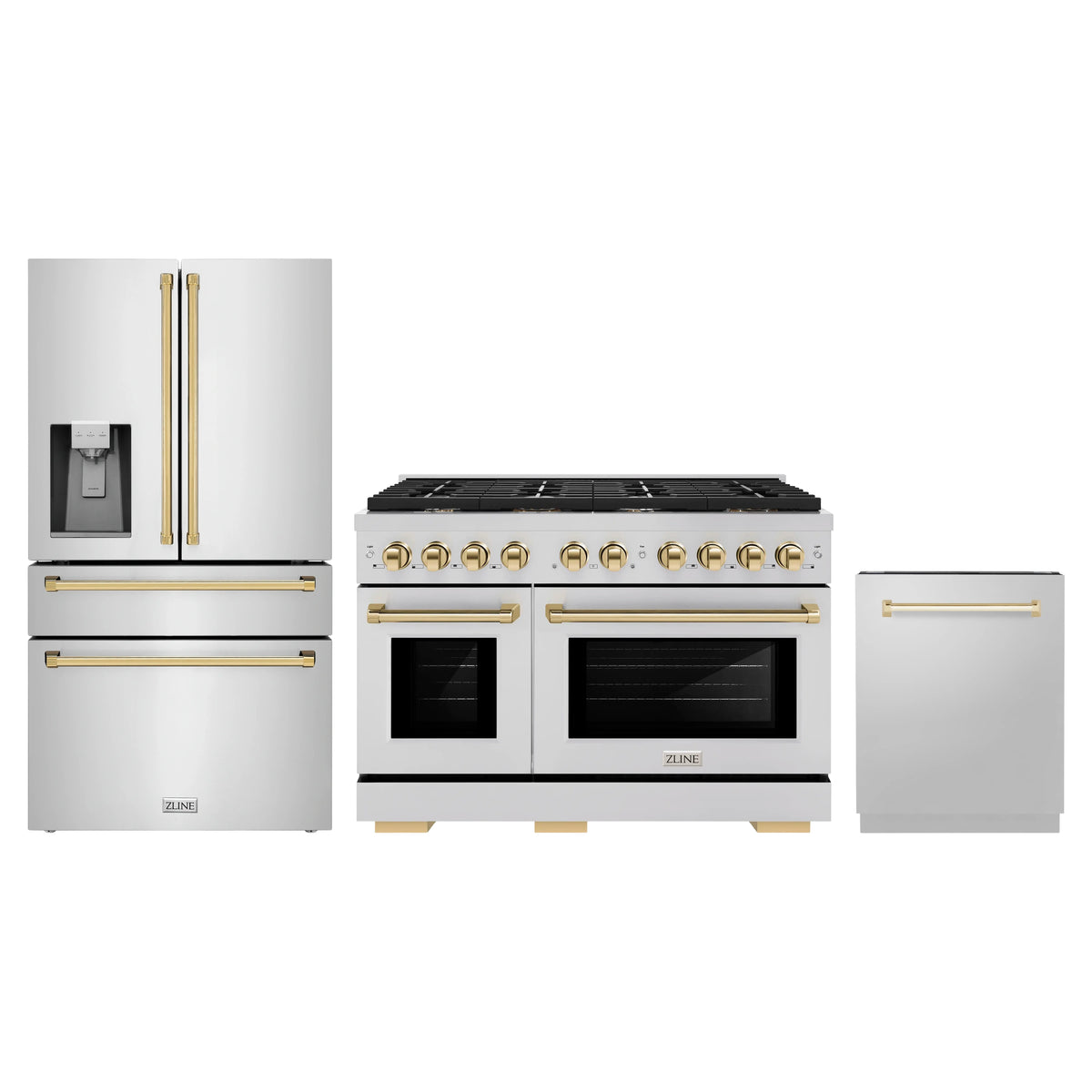 ZLINE 3-Piece Appliance Package - 48-Inch Paramount Autograph Gas Range, 36-Inch French Door Refrigerator with Water Dispenser, Dishwasher, in Stainless Steel with Gold Accents