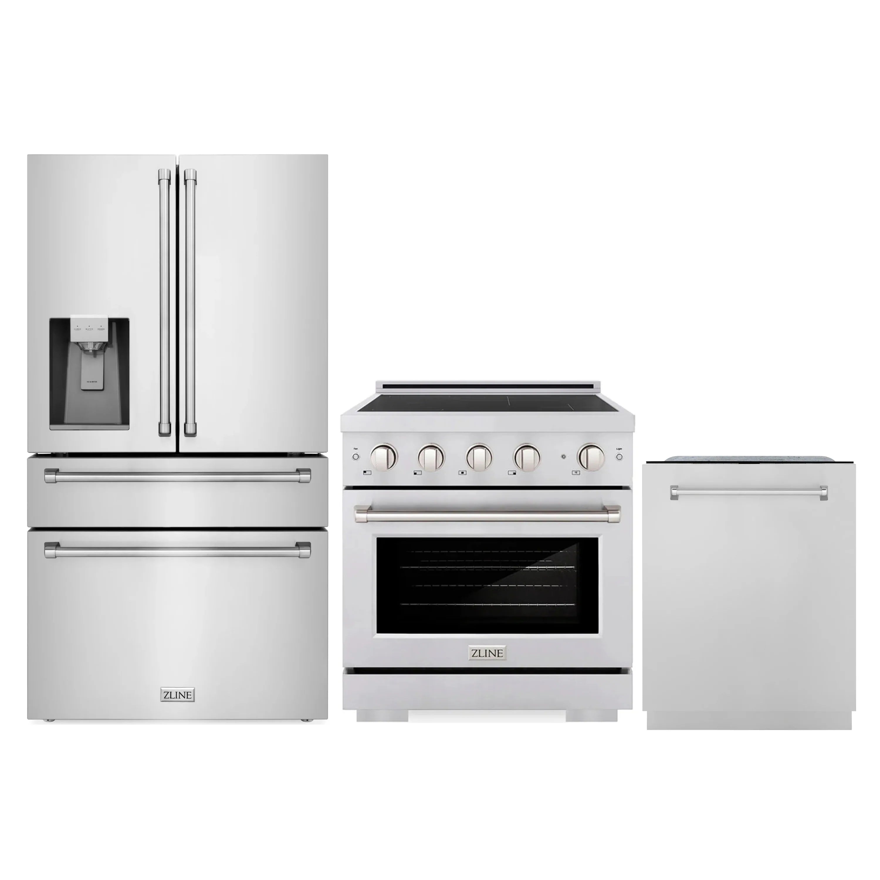 3-piece stainless steel appliance package with refrigerator, induction range, and dishwasher
