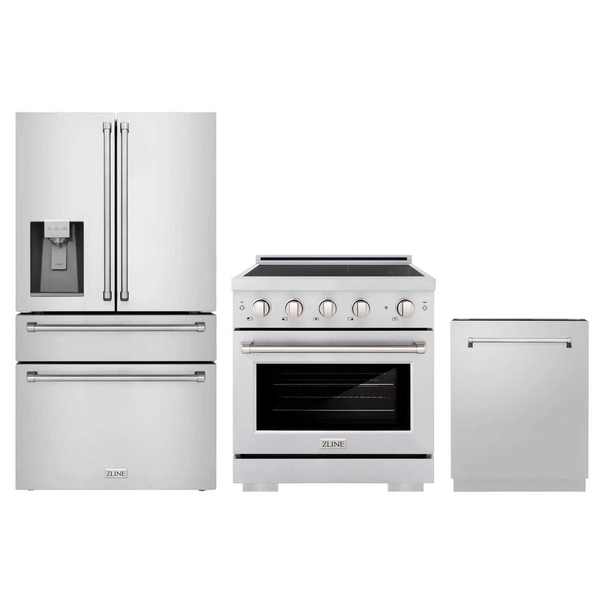 ZLINE 3-Piece Appliance Package - 30-Inch Paramount Induction Range, 36-Inch French Door Refrigerator with Water Dispenser, and Dishwasher in Stainless Steel