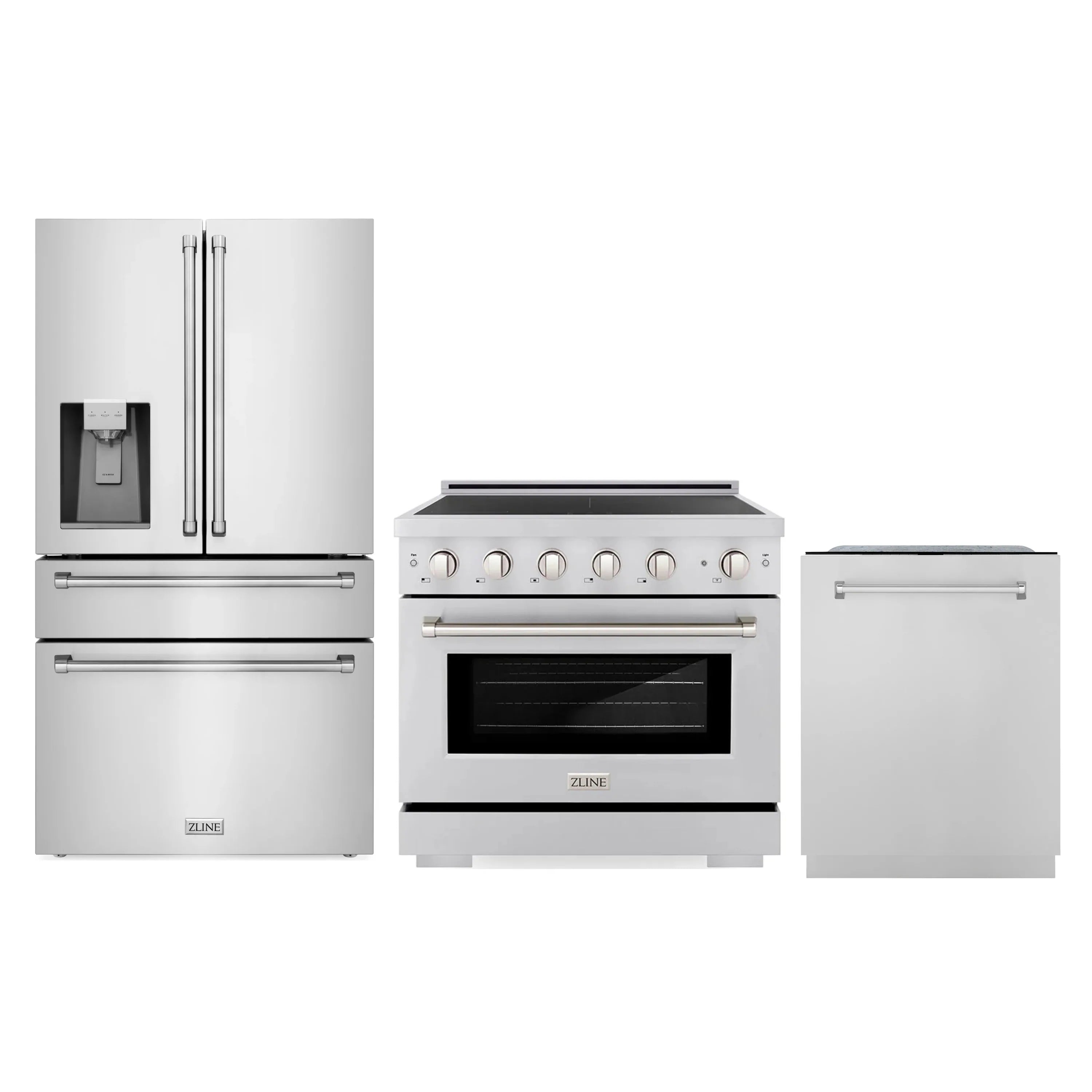 Three-piece kitchen appliance package with stainless refrigerator, range, and dishwasher