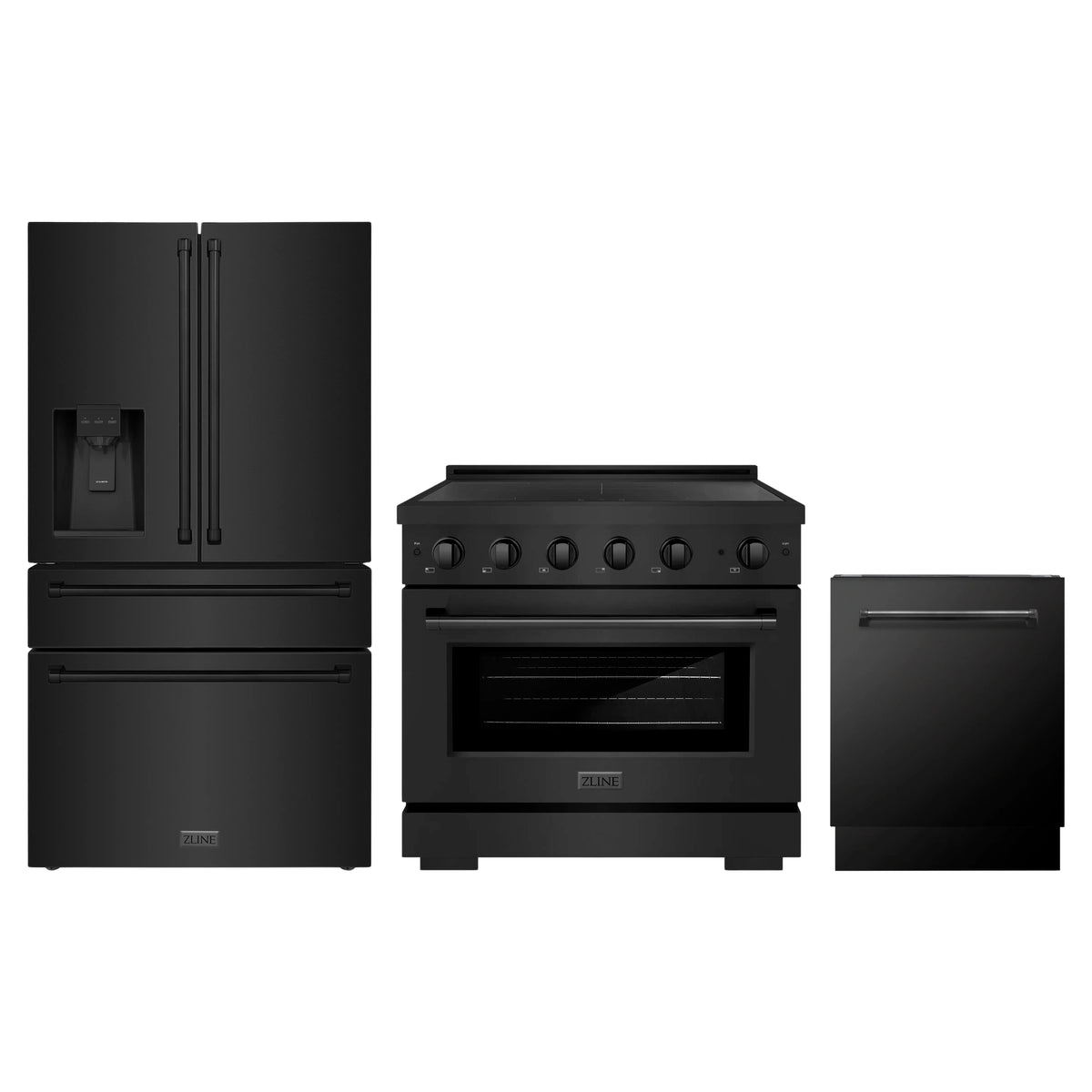 ZLINE 3-Piece Appliance Package - 36-Inch Paramount Induction Range, 36-Inch French Door Refrigerator with Water Dispenser, and Dishwasher in Black Stainless Steel