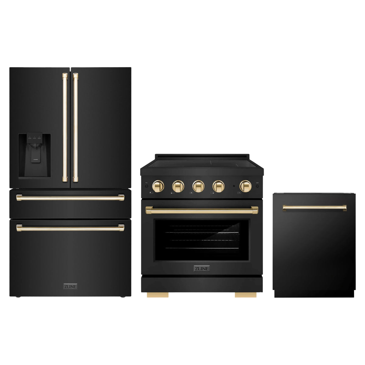ZLINE 3-Piece Appliance Package - 30-Inch Paramount Induction Range, Refrigerator with Water Dispenser, and Dishwasher in Black Stainless Steel with Polished Gold Trim