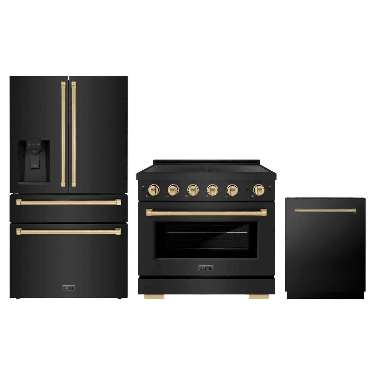 ZLINE 3-Piece Appliance Package - 36-Inch Paramount Induction Range, Refrigerator with Water Dispenser, and Dishwasher in Black Stainless Steel with Champagne Bronze Trim