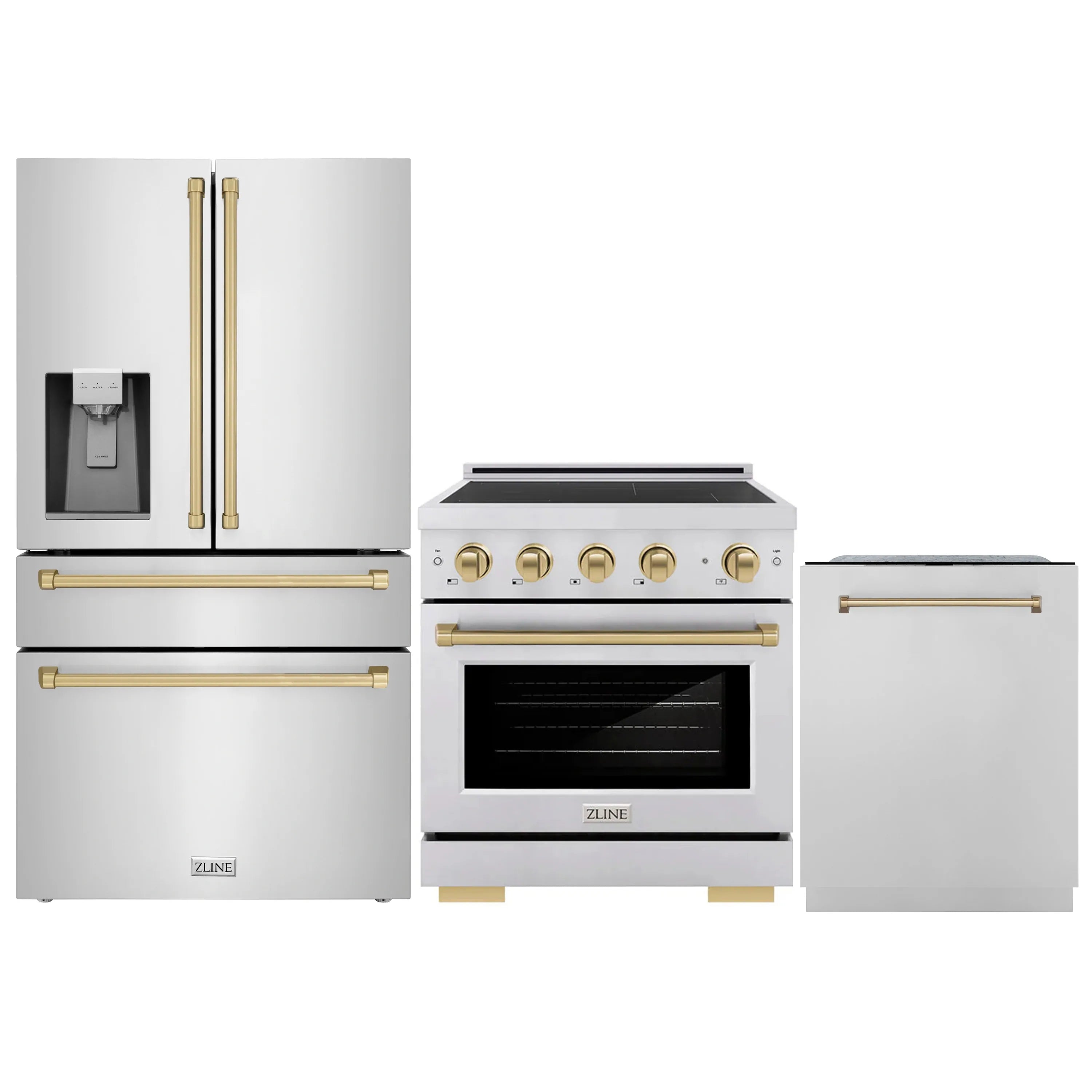 Stainless kitchen appliance package with ZLINE range, refrigerator, and dishwasher, gold trim