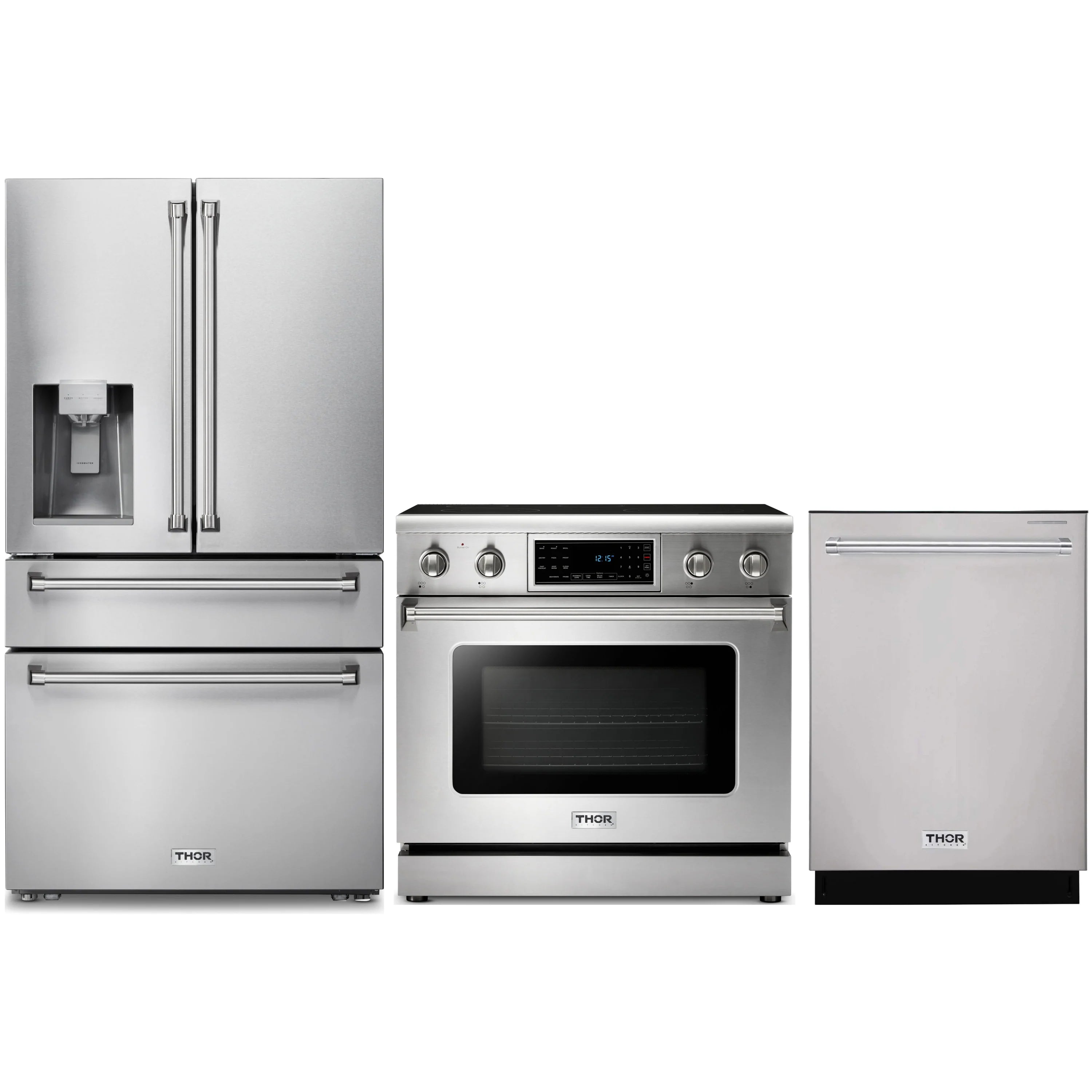 Stainless steel appliance package: refrigerator, electric range, and dishwasher
