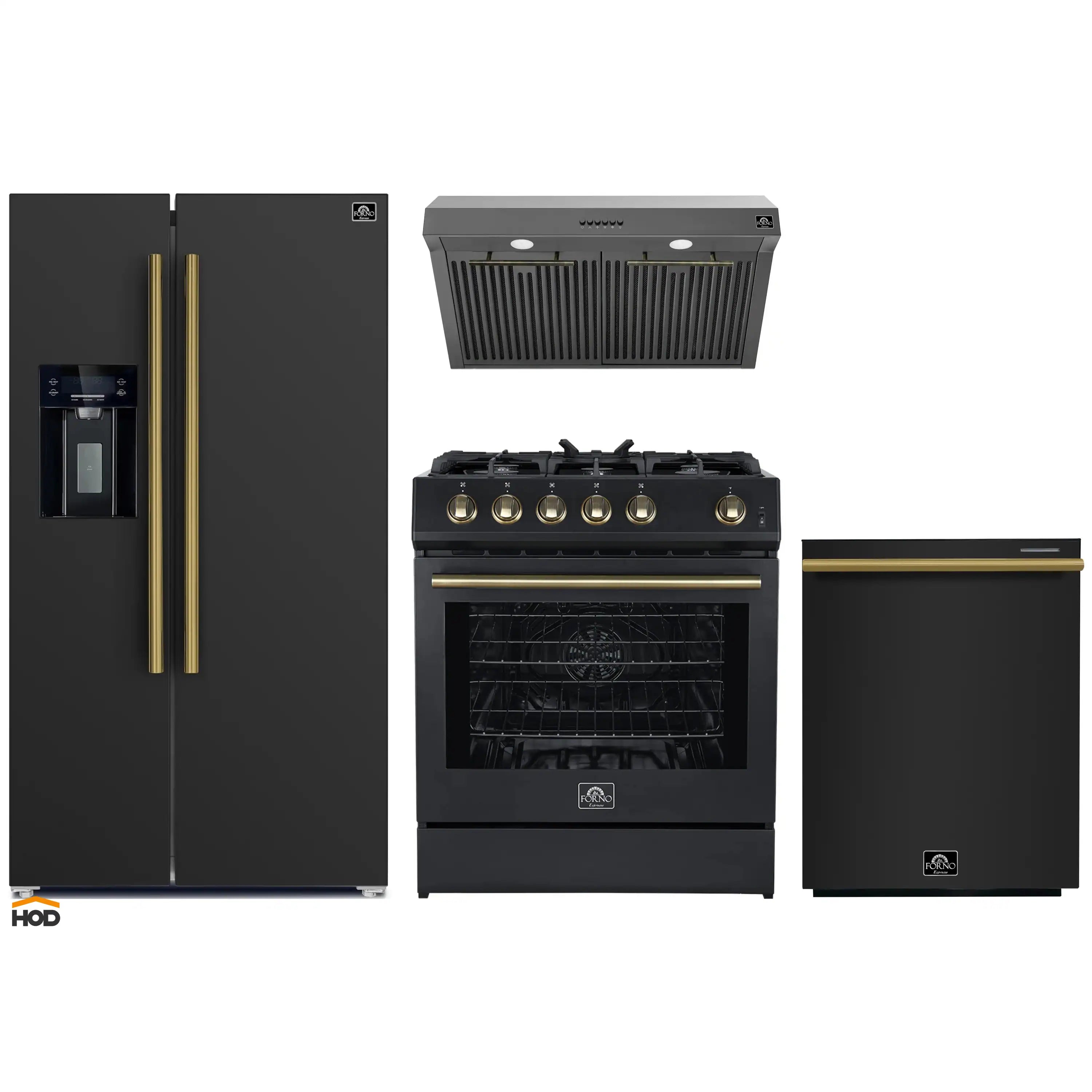 Black appliance package set with antique brass trim: refrigerator, gas range, hood, dishwasher