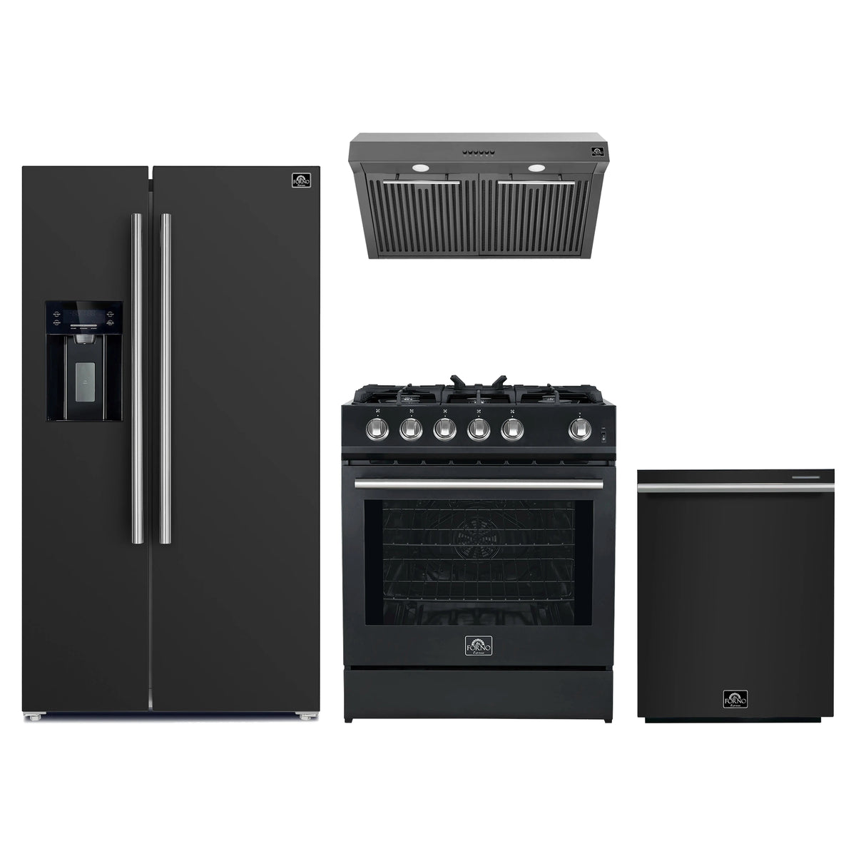 Forno 4-Piece Appliance Package - 30-Inch Gas Range, Under Cabinet Range Hood, Refrigerator with Water Dispenser, and Dishwasher in Black with Stainless Steel Trim