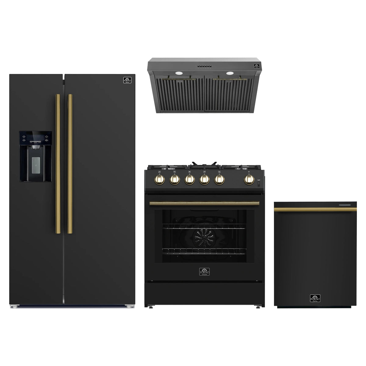 Forno 4-Piece Appliance Package - 30-Inch Gas Range, Under Cabinet Range Hood, Refrigerator with Water Dispenser, and Dishwasher in Black with Antique Brass Trim