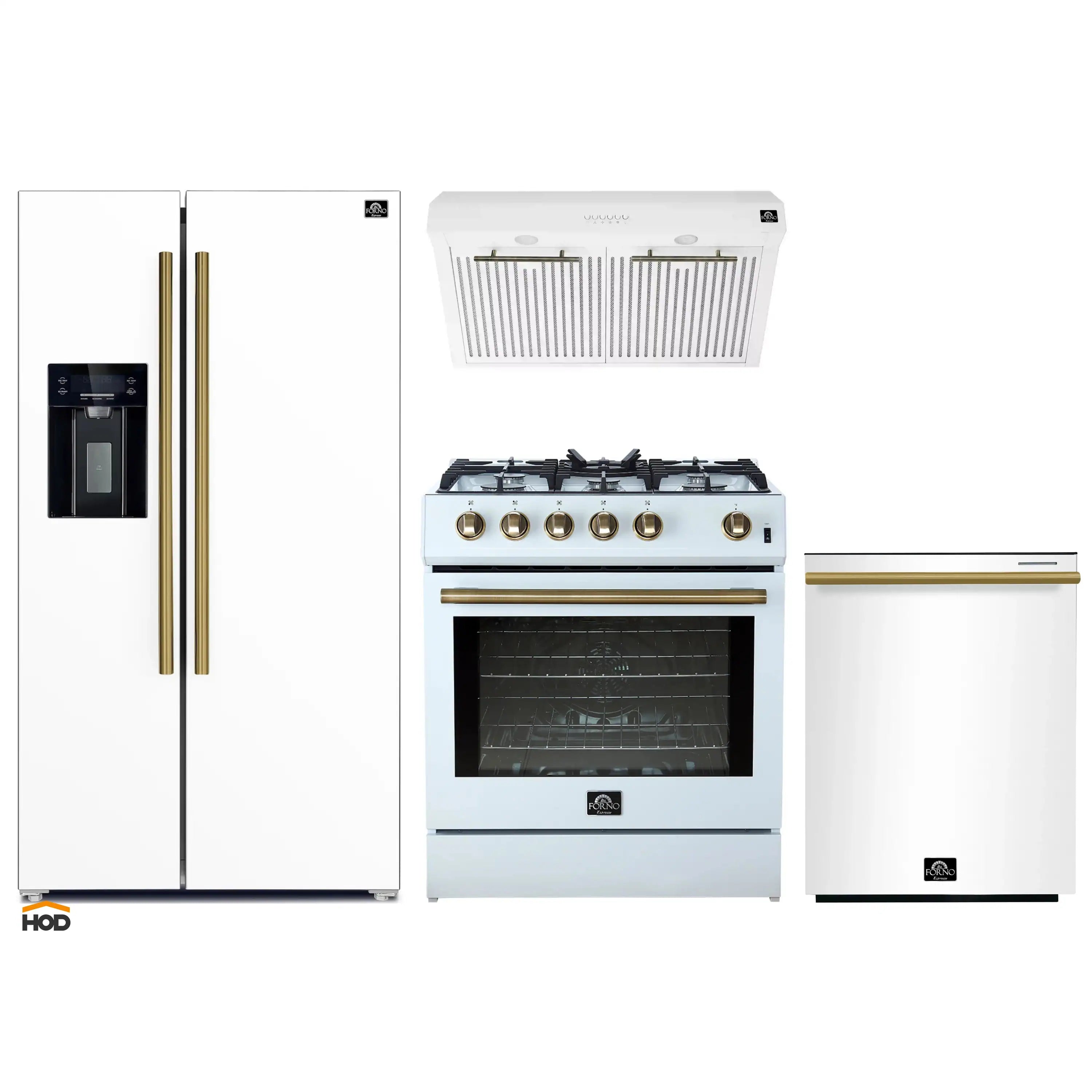 White kitchen appliance package: refrigerator, gas range, dishwasher, and under-cabinet hood